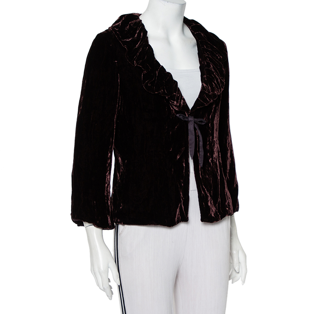 

Max Mara Brown Velvet Front Tie Detail Ruffled Neck Blazer