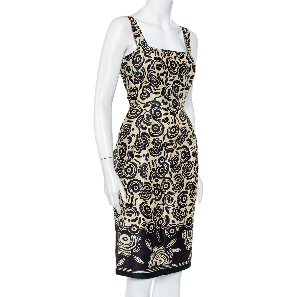 

Max Mara Pure Seta Cream & Black Floral printed Silk Sleeveless Sheath Dress