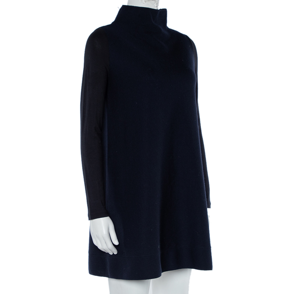 

Max Mara Navy Blue Knit Contrast Sleeve Detail High Neck Shift Dress