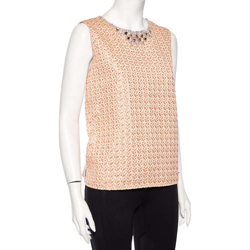 

Max Mara Peach Patterned Crepe Embellished Neckline Detail Top, Pink