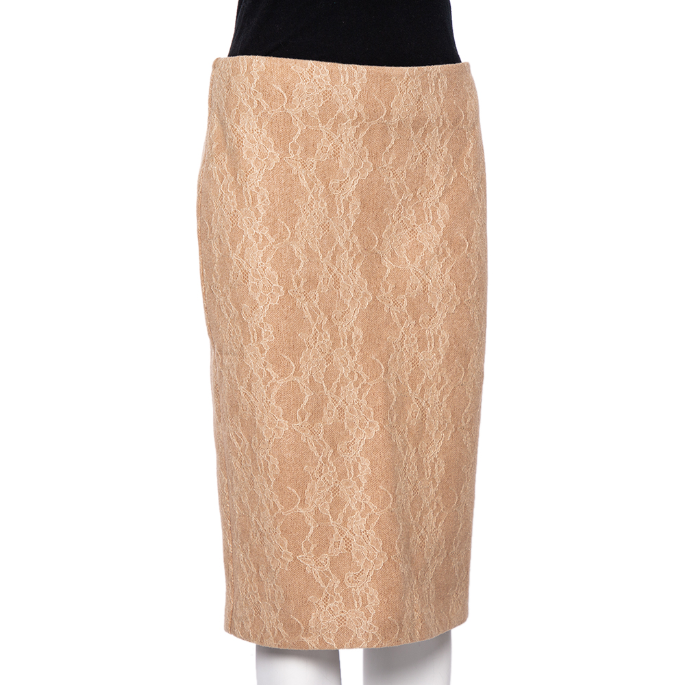 

Max Mara Camel Brown Wool Floral Lace Overlay Liriche Skirt