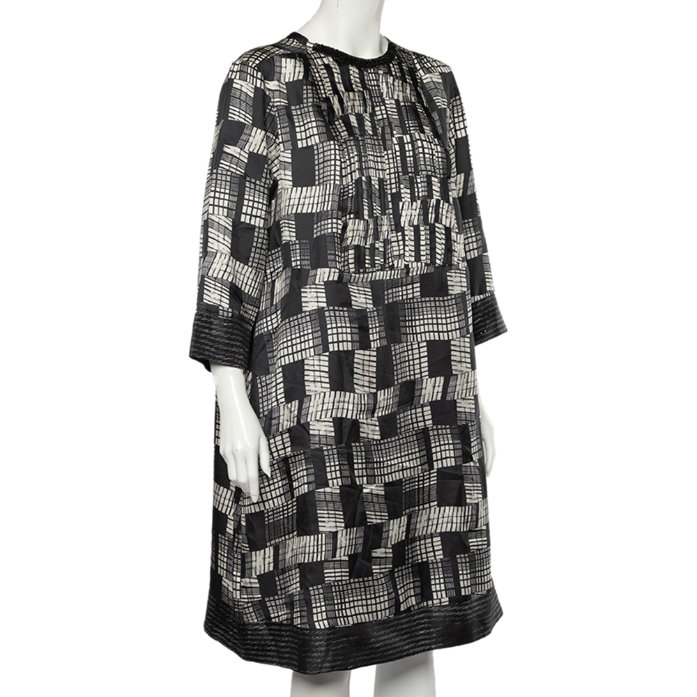 

Max Mara Monochrome Printed Silk Embellished Neck Detailed Dress, Black