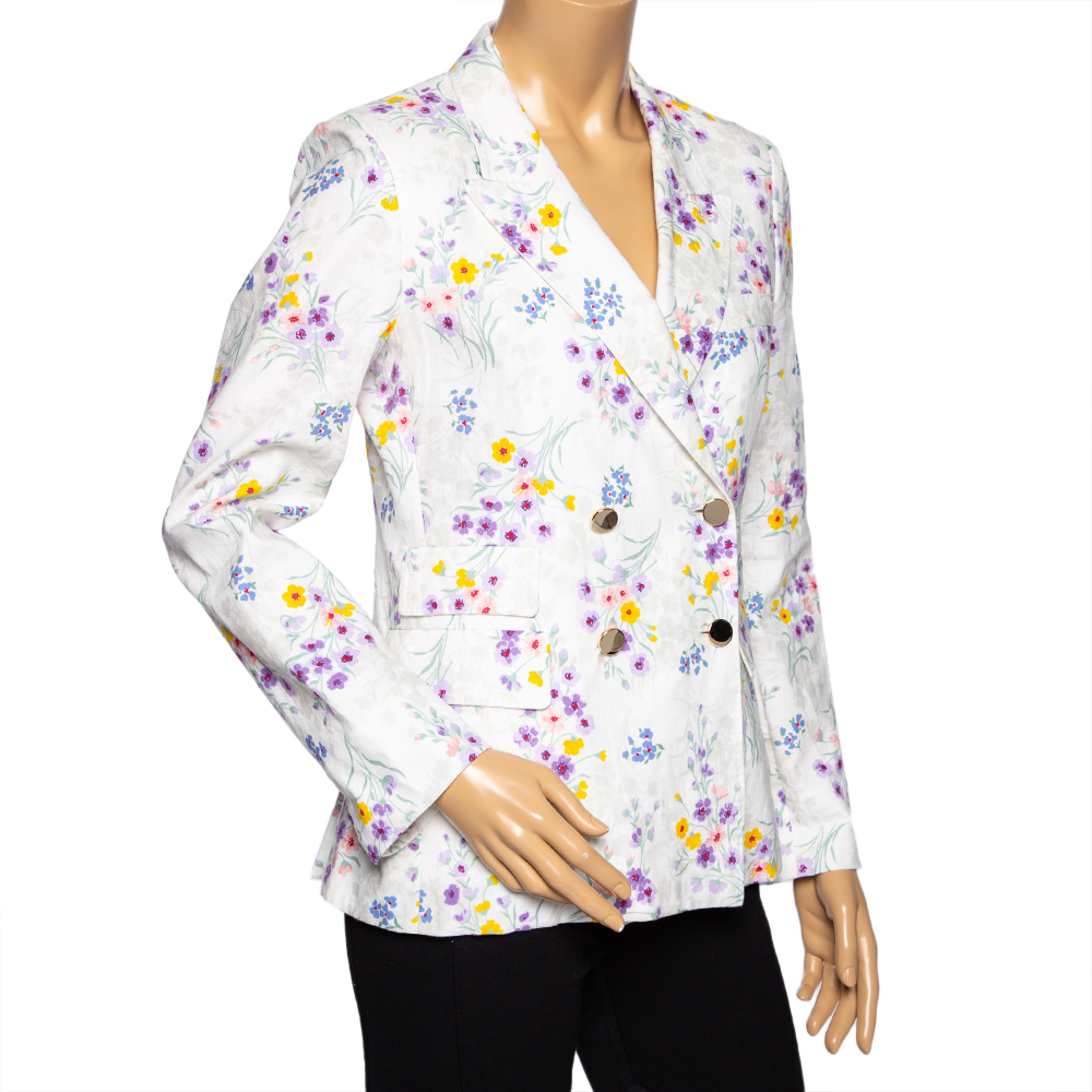 

Max Mara White Floral Printed Linen Double Breasted Blazer