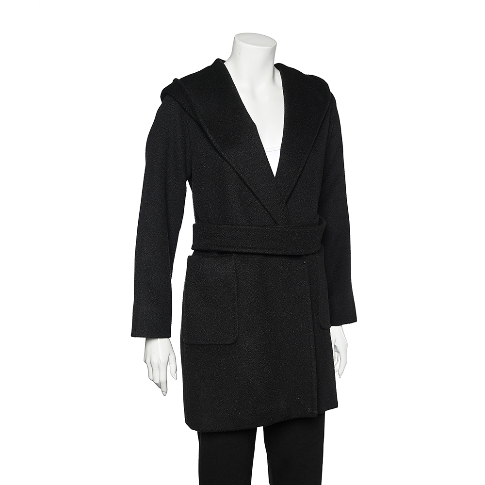 

Max Mara Black Camel Hair Hooded Belted Coat