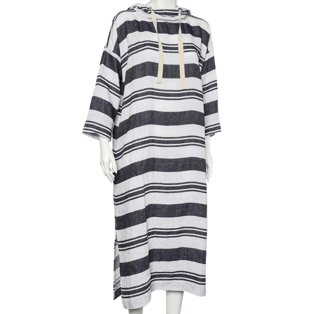 

Max Mara White & Navy Blue Striped Linen Hooded Dress