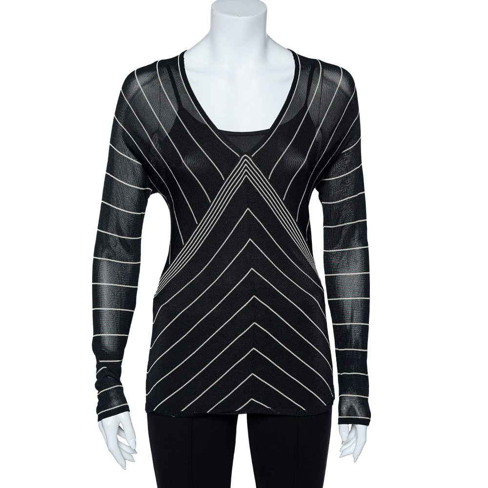 

Max Mara Back Stripe Pattern Knit V-Neck Top M, Black