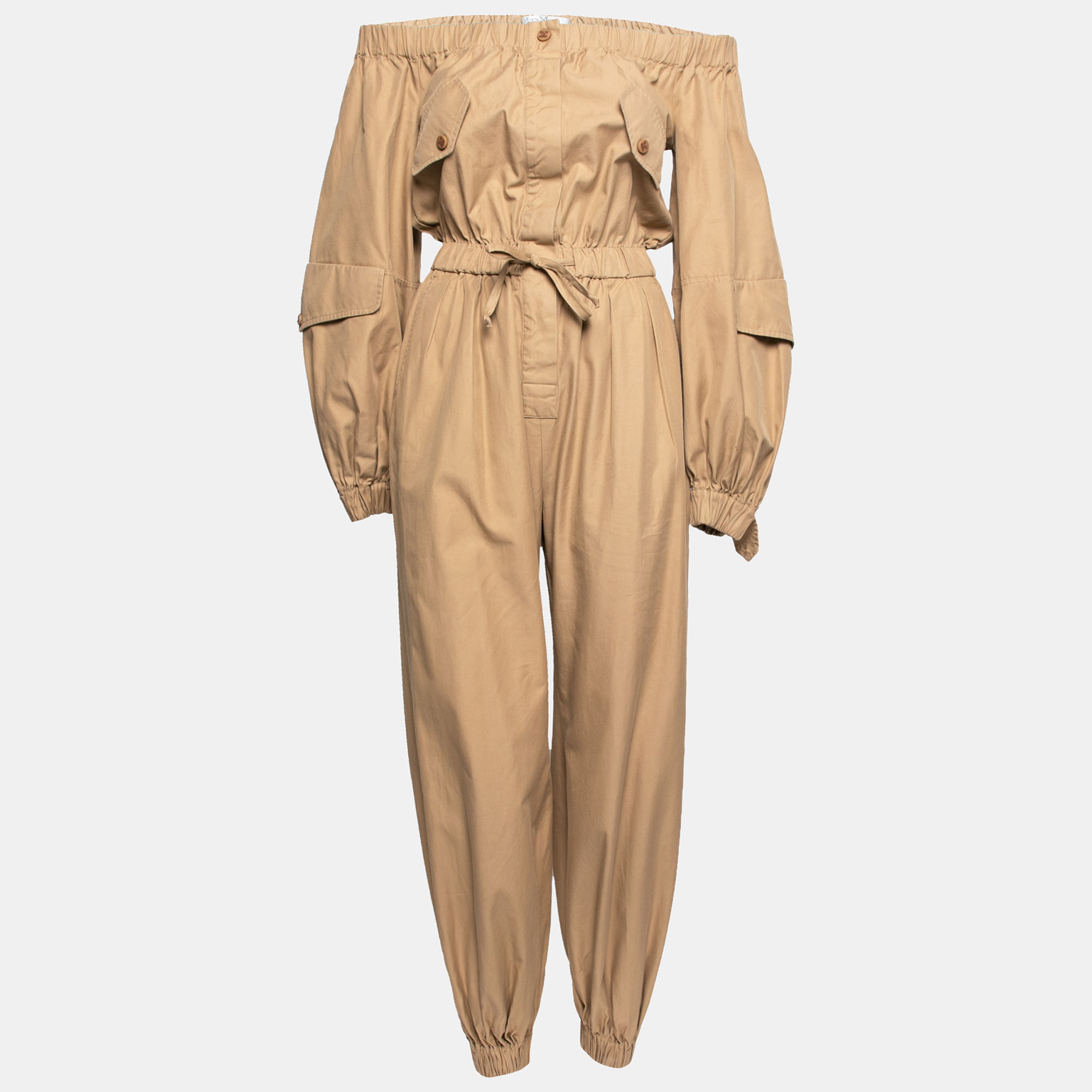 Pre Owned Max Mara Beige Cotton Off-Shoulder Drawstring Waist Jumpsuit S