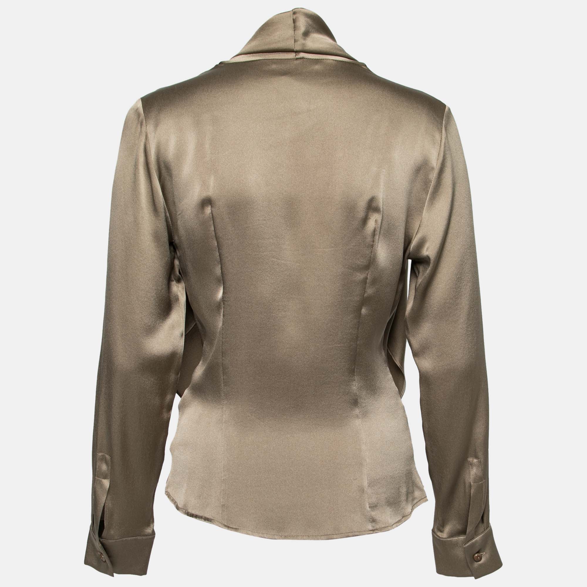 

Max Mara Brown Silk Satin Neck Tie Detail Button Front Shirt