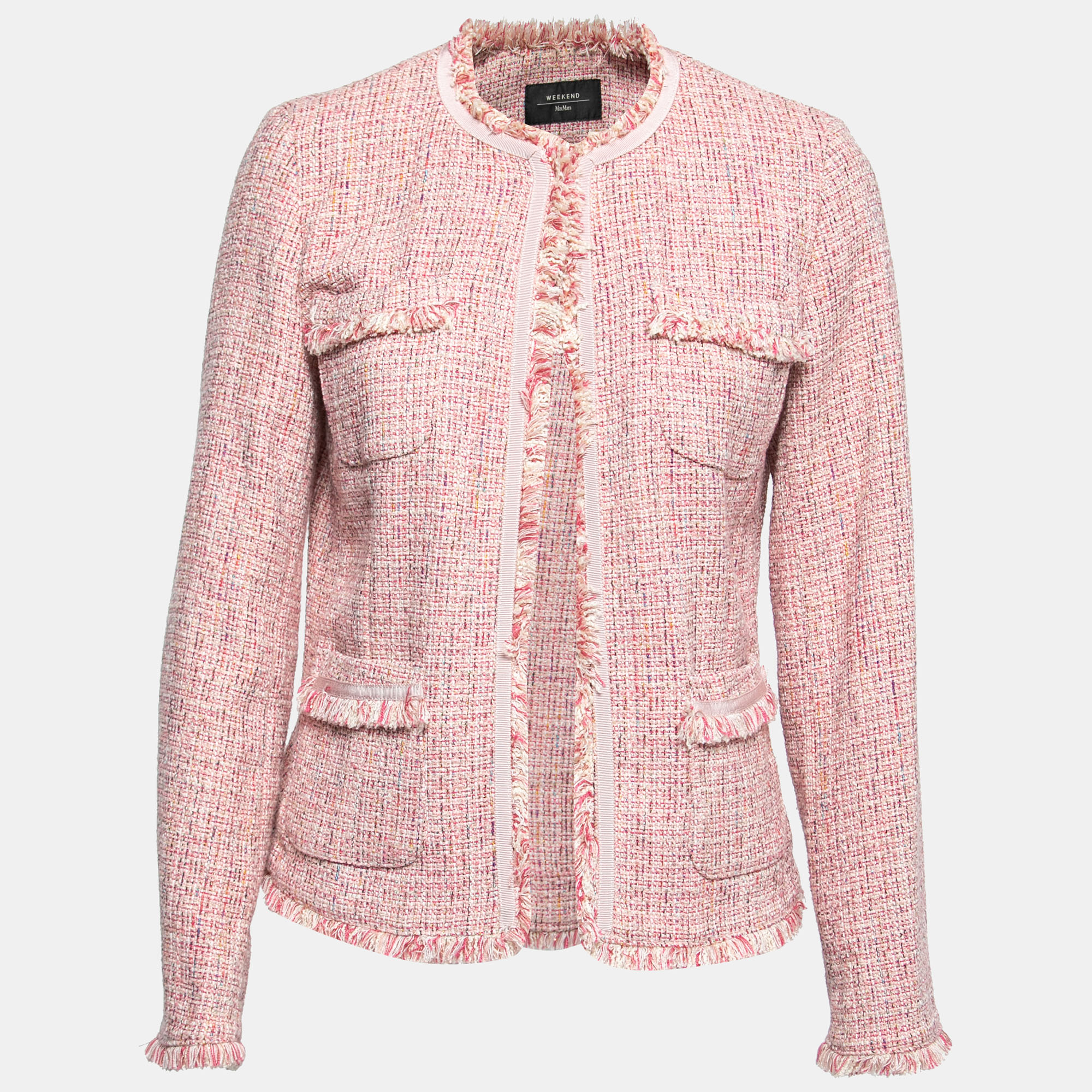 Pre Owned Max Mara Pink Tweed Pocket Detail Fringe Trimmed Jacket M