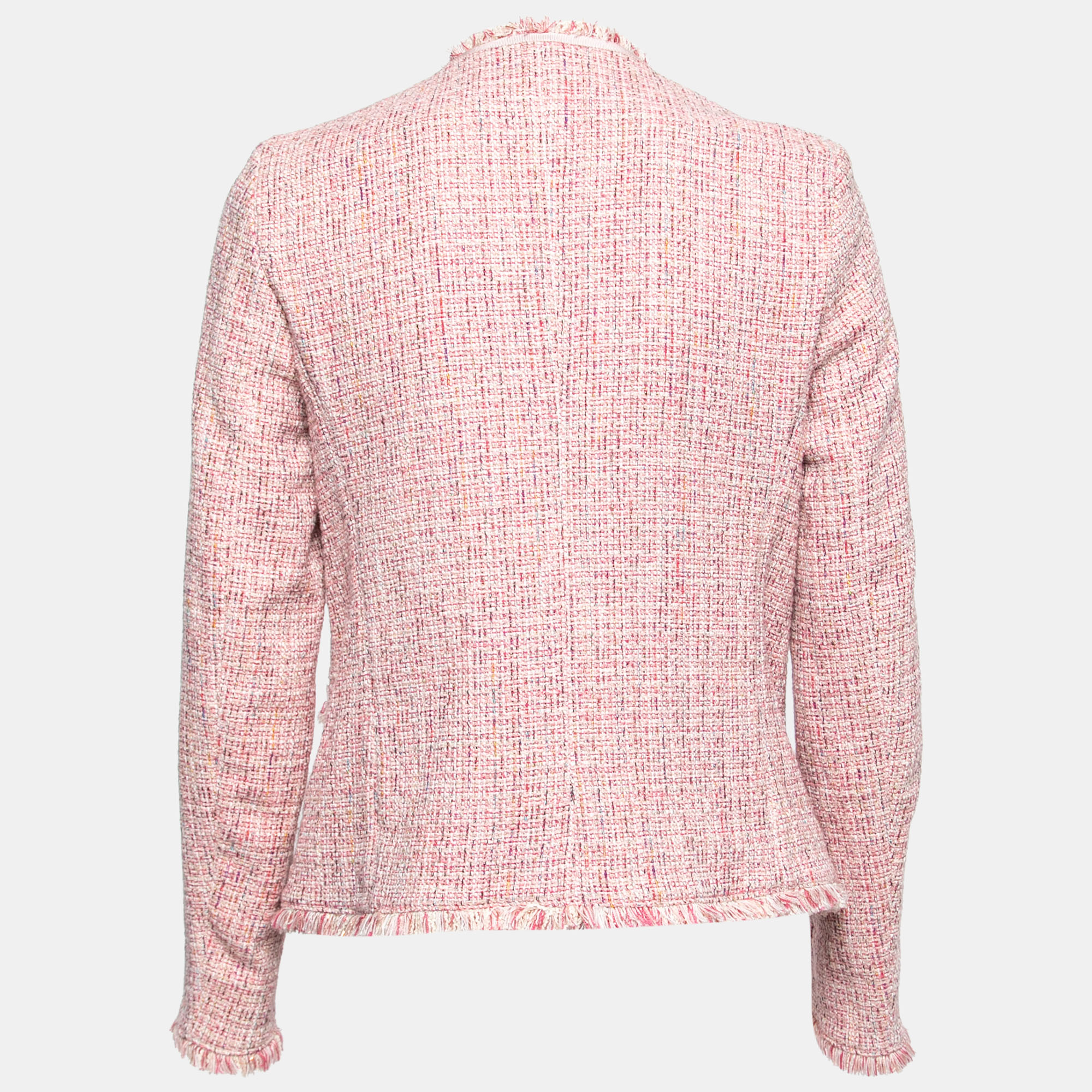 

Max Mara Pink Tweed Pocket Detail Fringe Trimmed Jacket