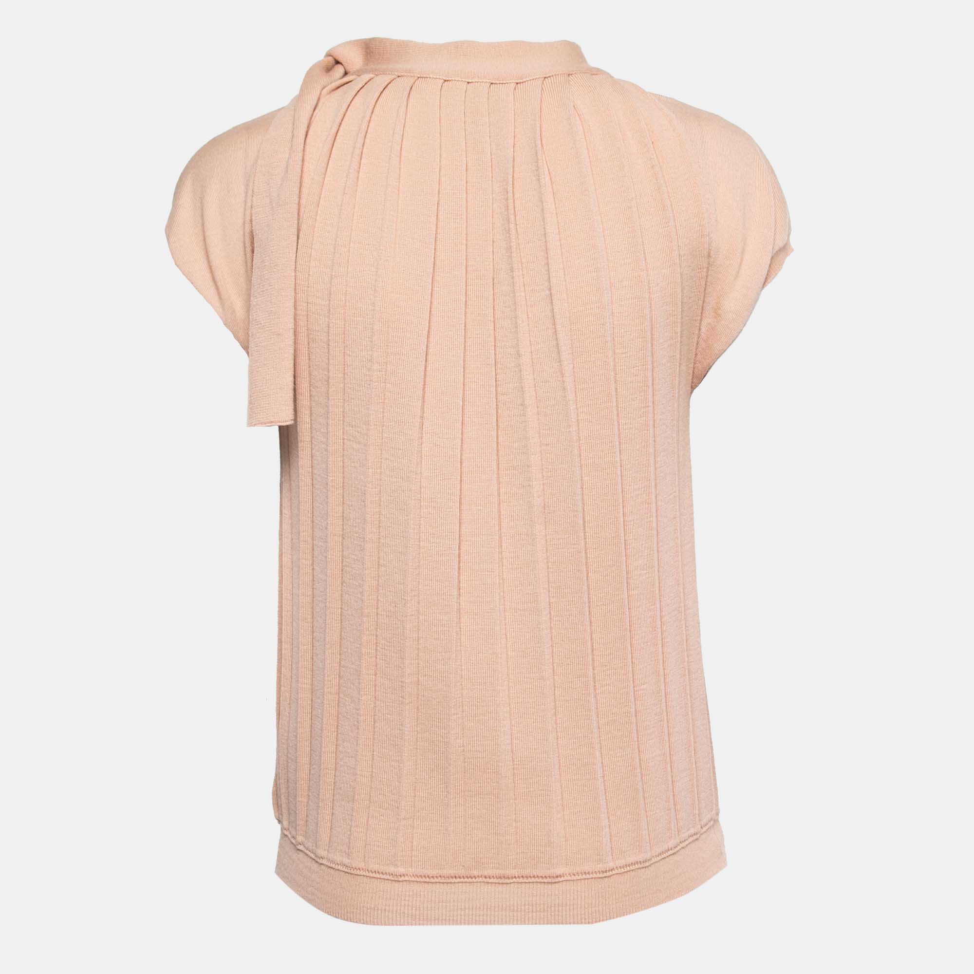 

Max Mara Light Pink Wool Pleated Tie Neck Knit Top