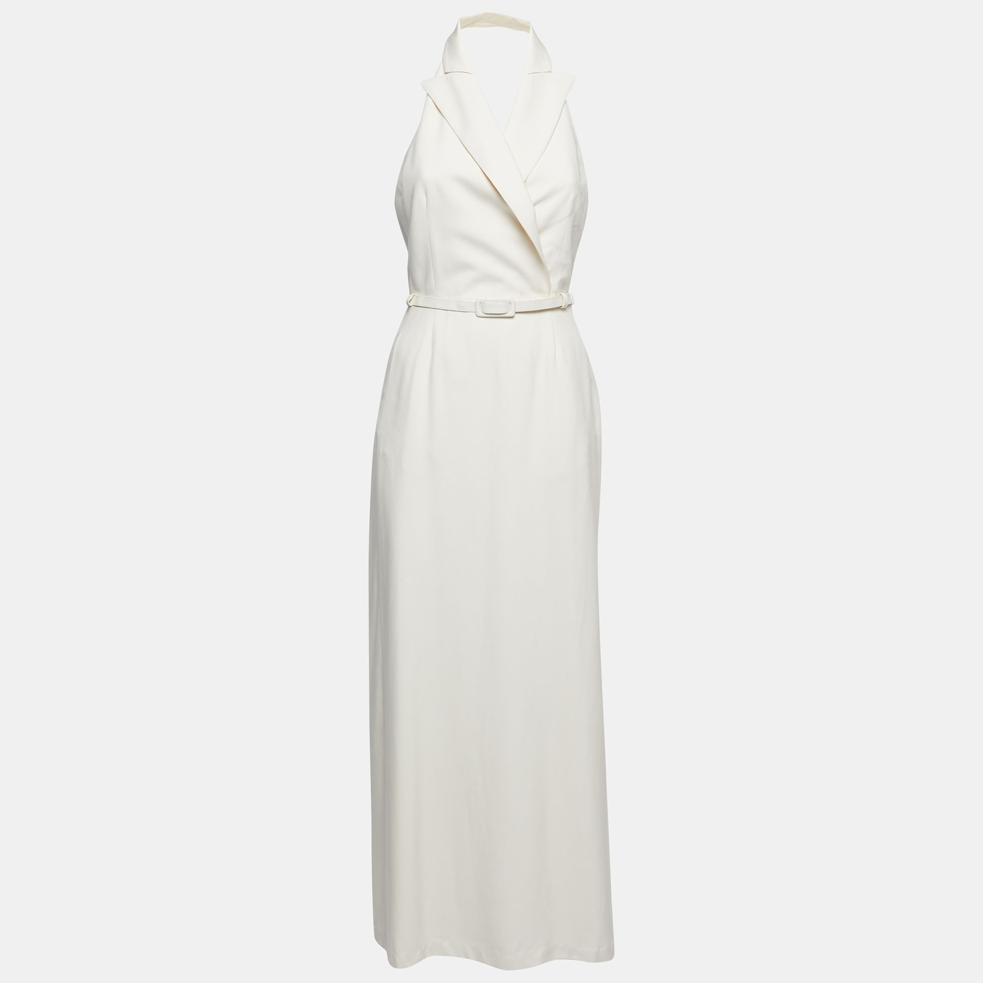 Pre Owned Max Mara Cream Wool Lapeled Belted Midi Dress M