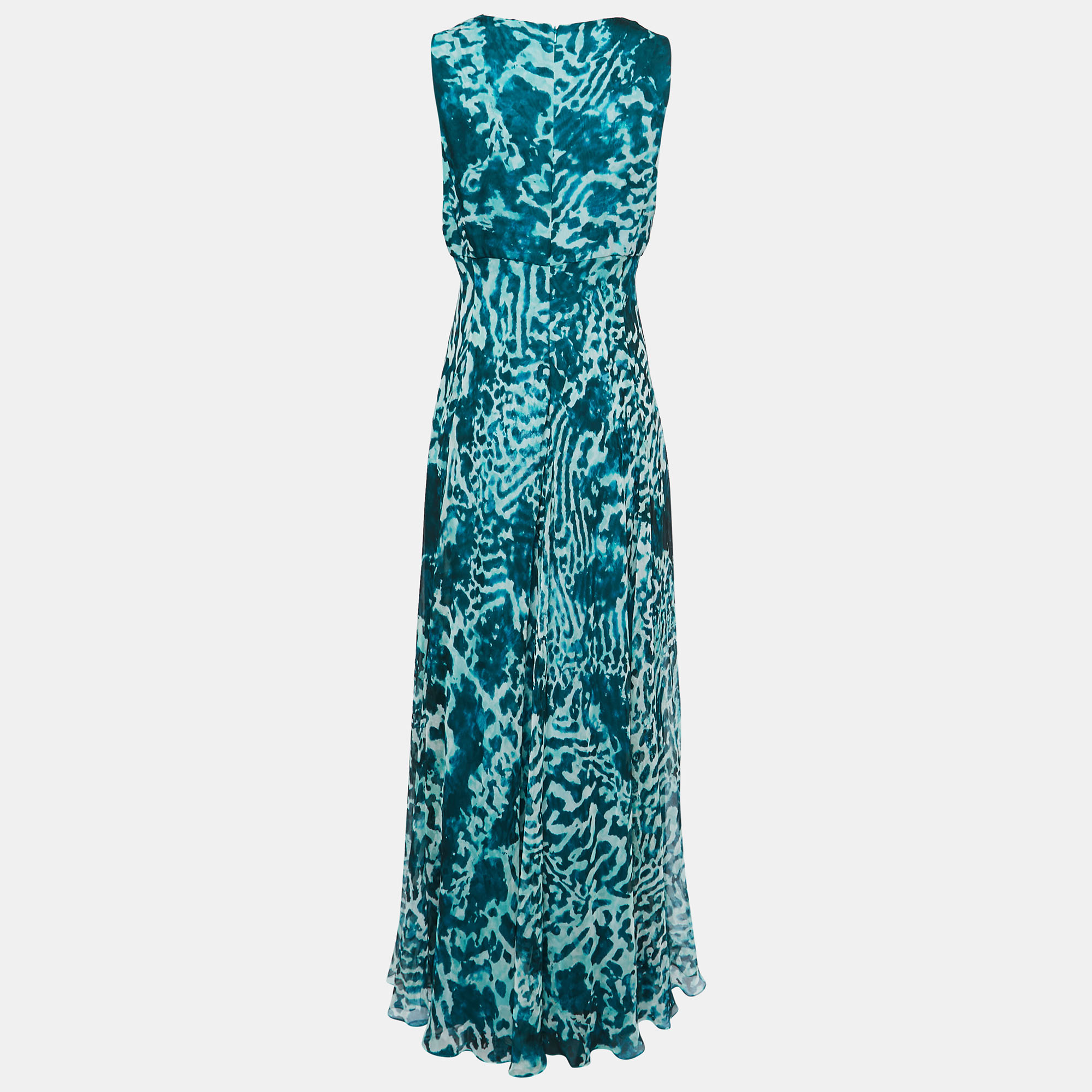 

Max Mara Teal Blue Abstract Printed Chiffon Sleeveless Maxi Dress