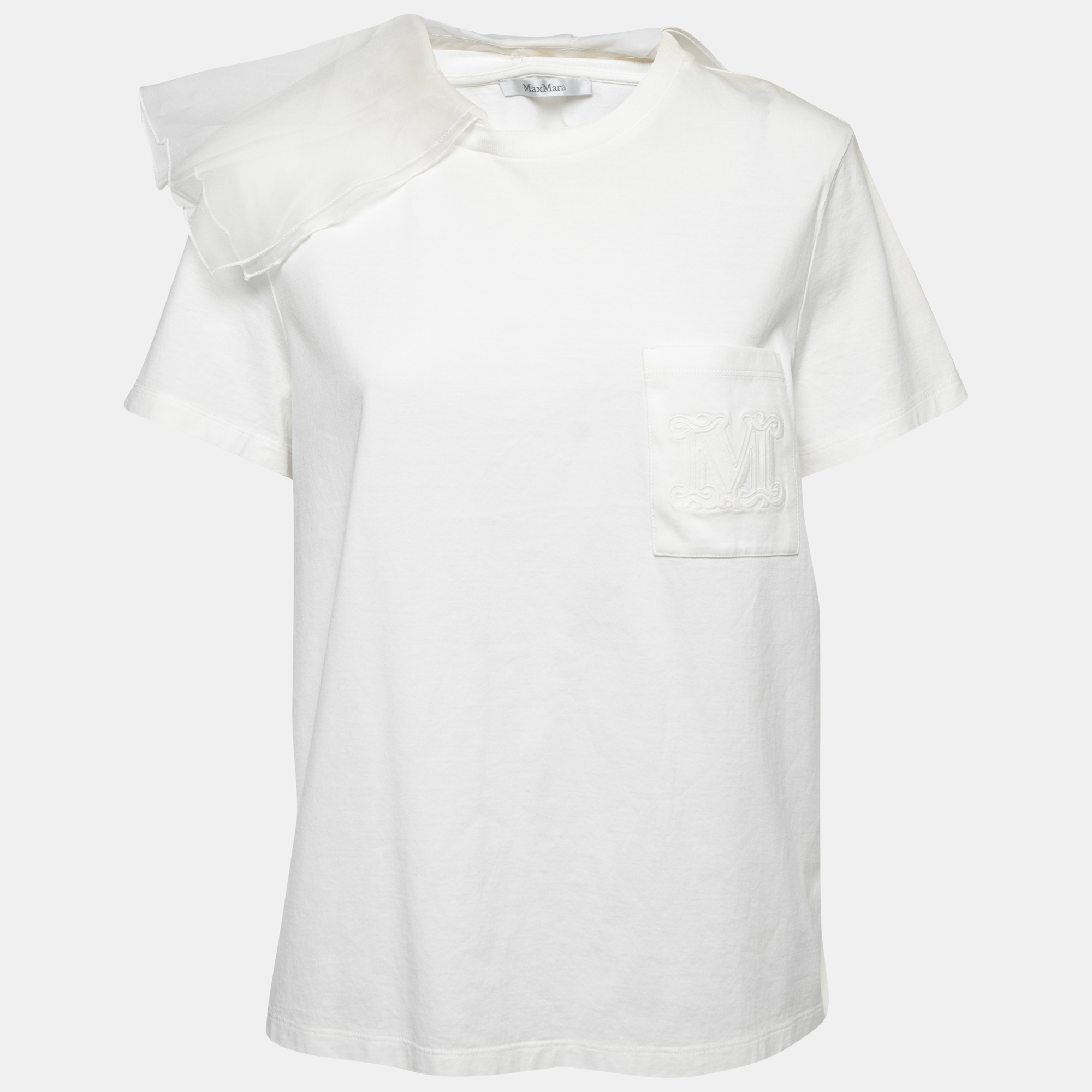 Pre-owned Max Mara White Cotton Ruffled Embroidered T-shirt Xl