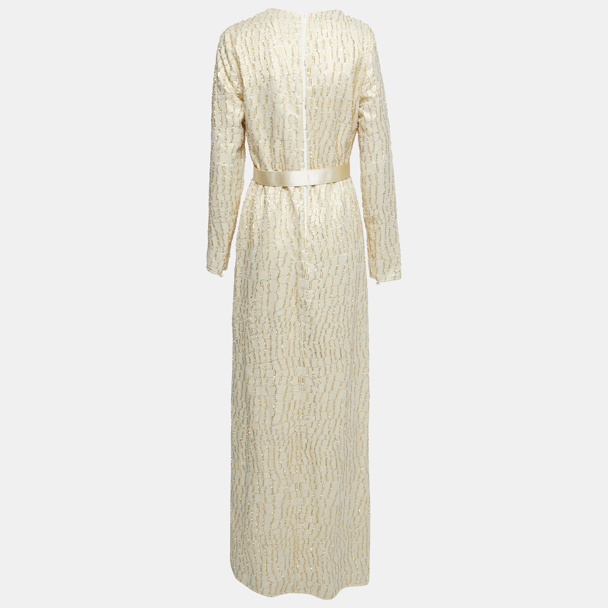 

Max Mara Cream Lurex & Silk Long Sleeve Belted Maxi Dress