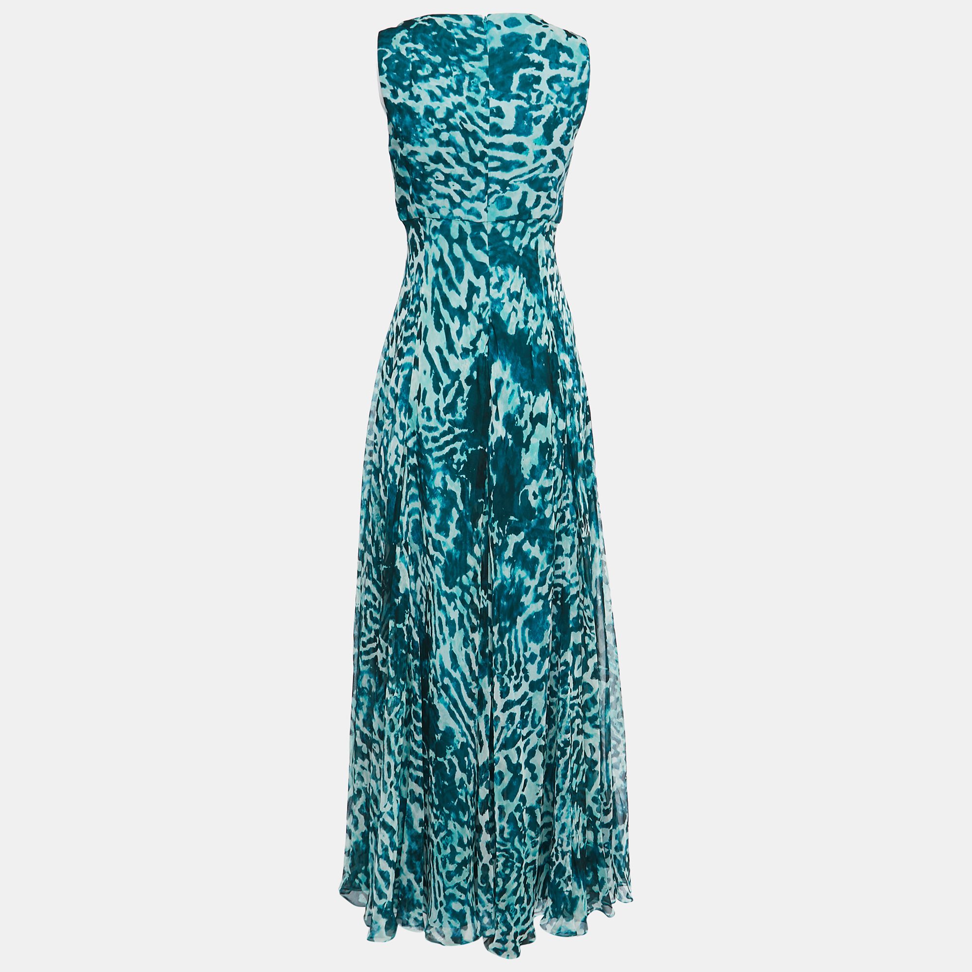 

Max Mara Teal Green Printed Silk Sleeveless Maxi Dress