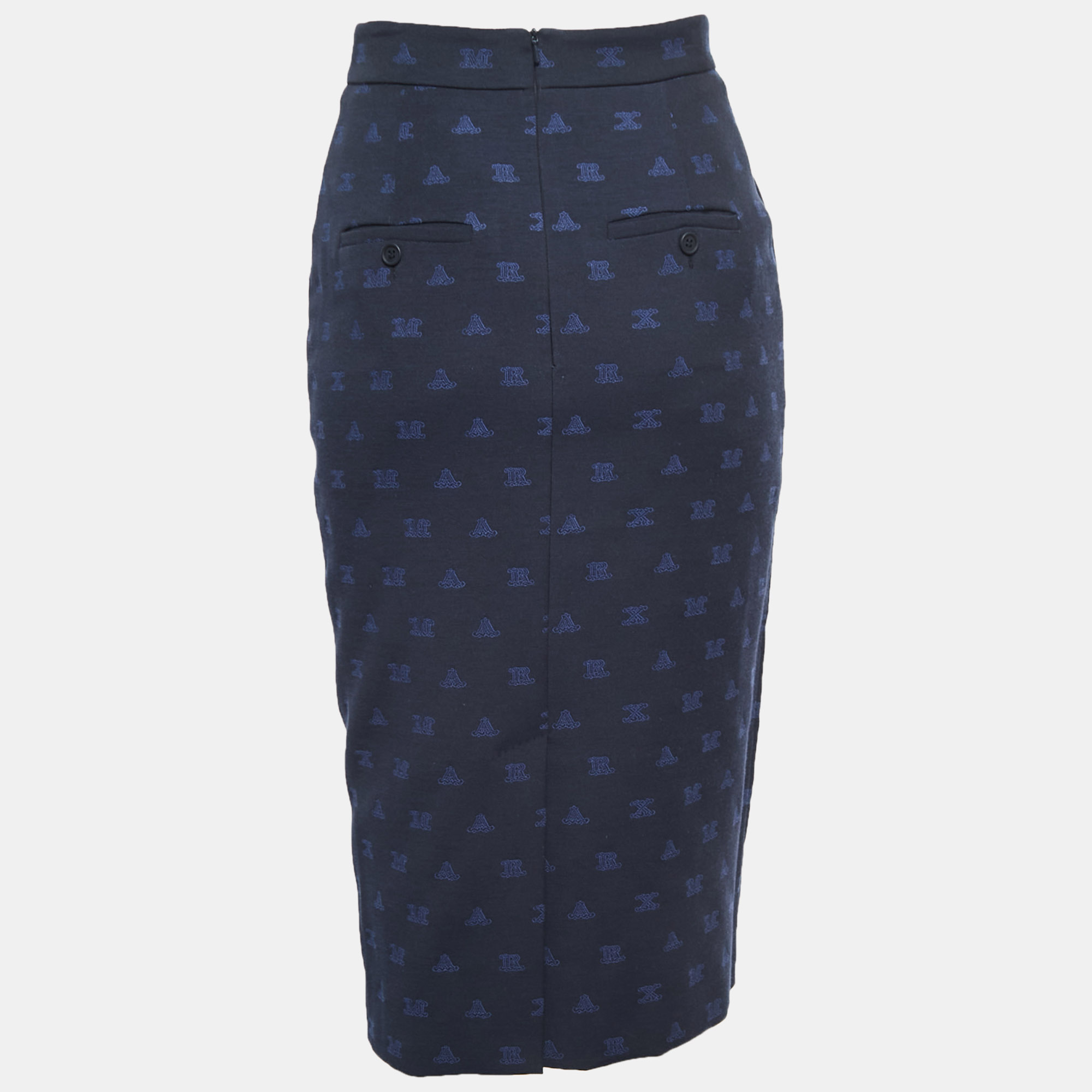 

Max Mara Navy Blue Alphabets Patterned Cotton Blend Pencil Skirt