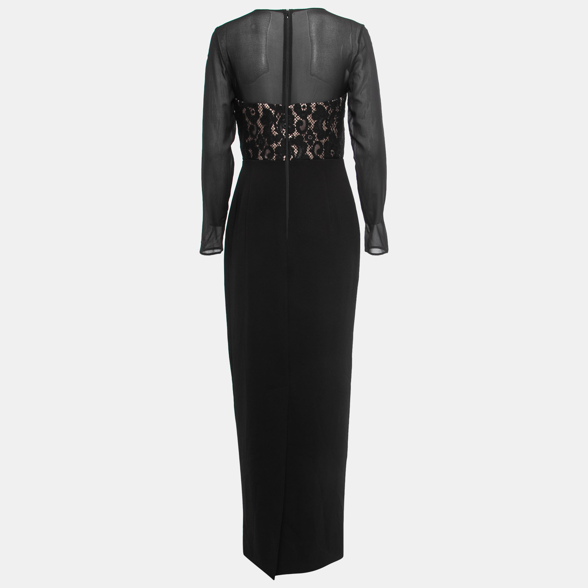 

Max Mara Black Crepe Embellished Lace Trim Long Sleeve Draped Maxi Dress