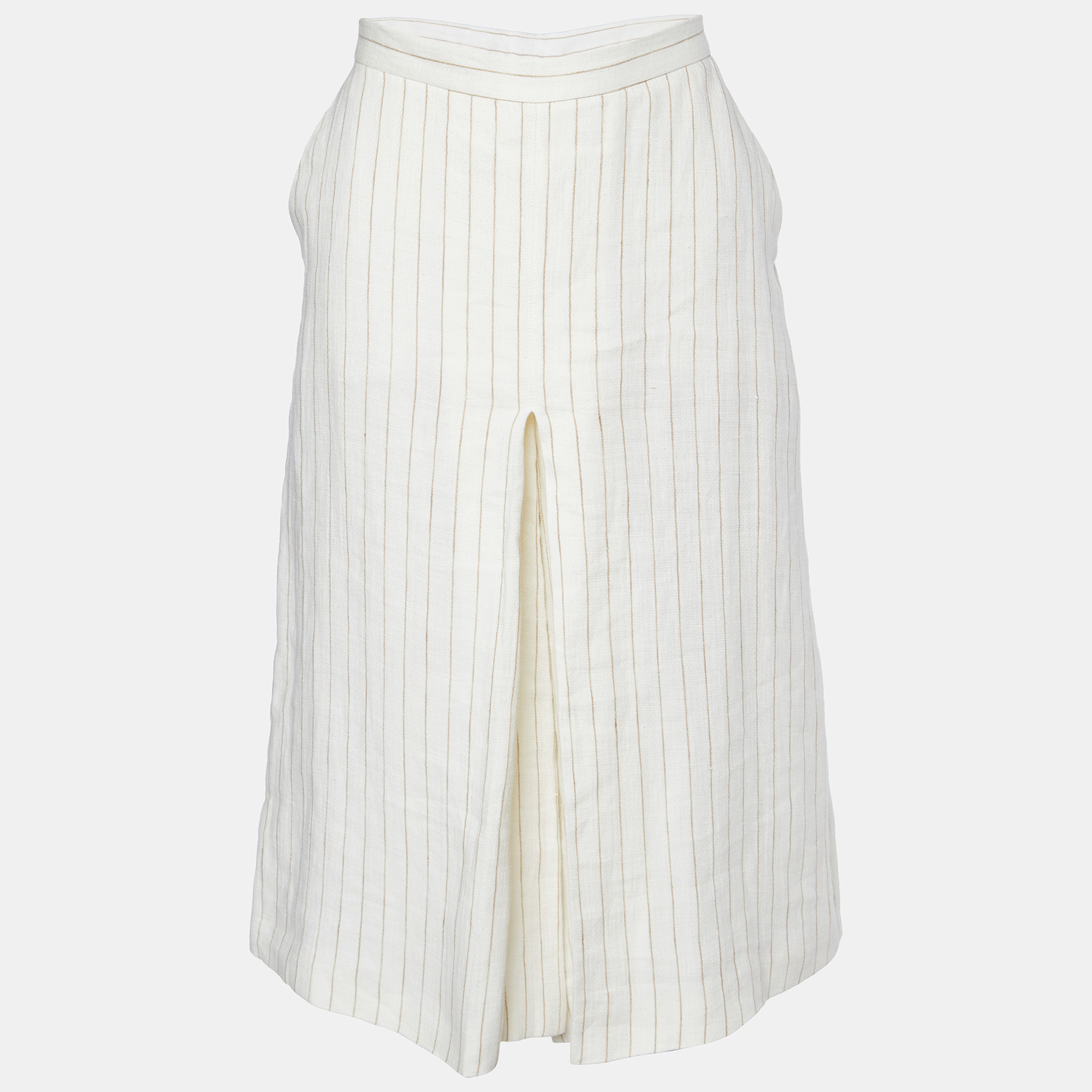 Pre-owned Max Mara Off White Striped Linen Pleated Culottes M In Tan