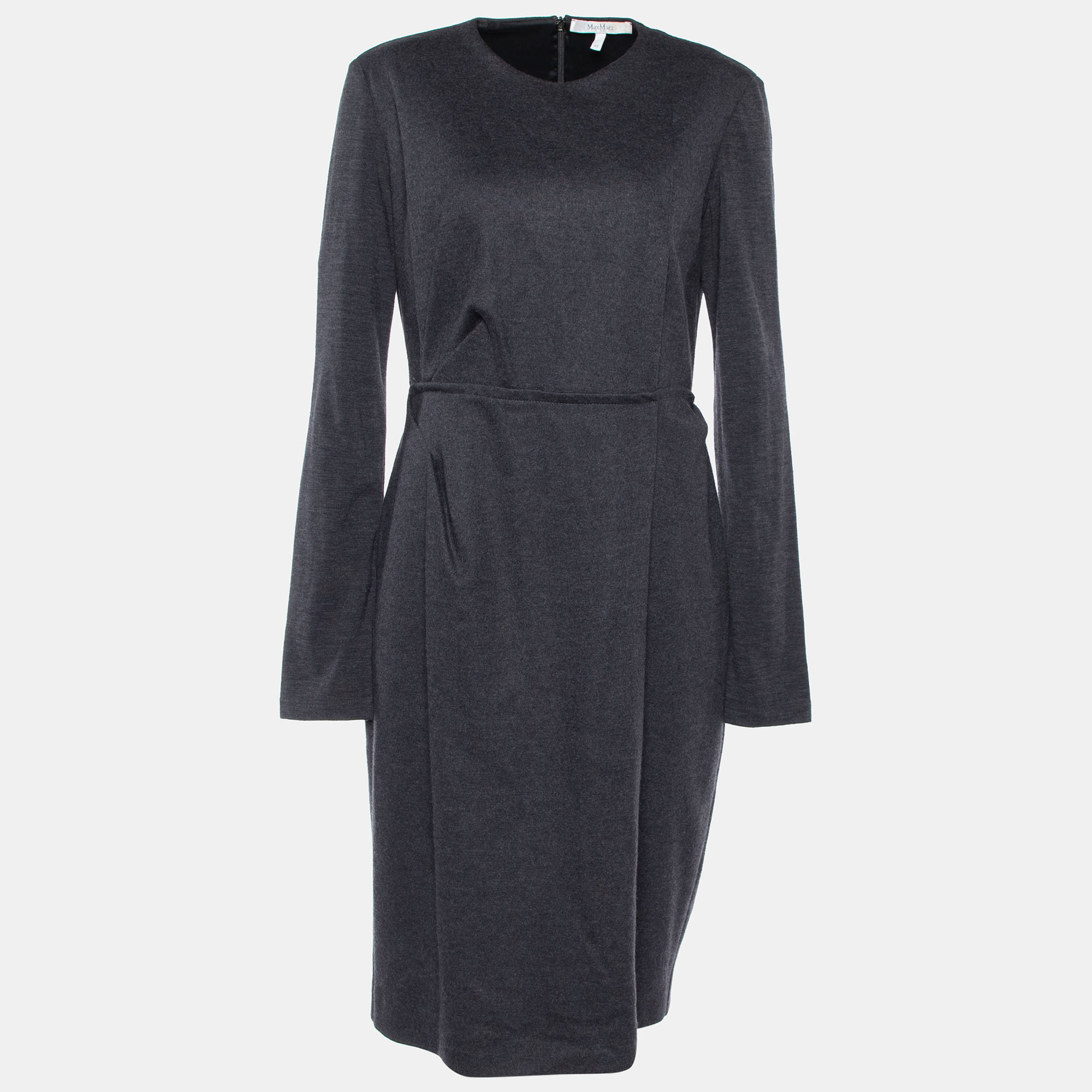 

Max Mara Charcoal Grey Wool Draped Midi Dress L