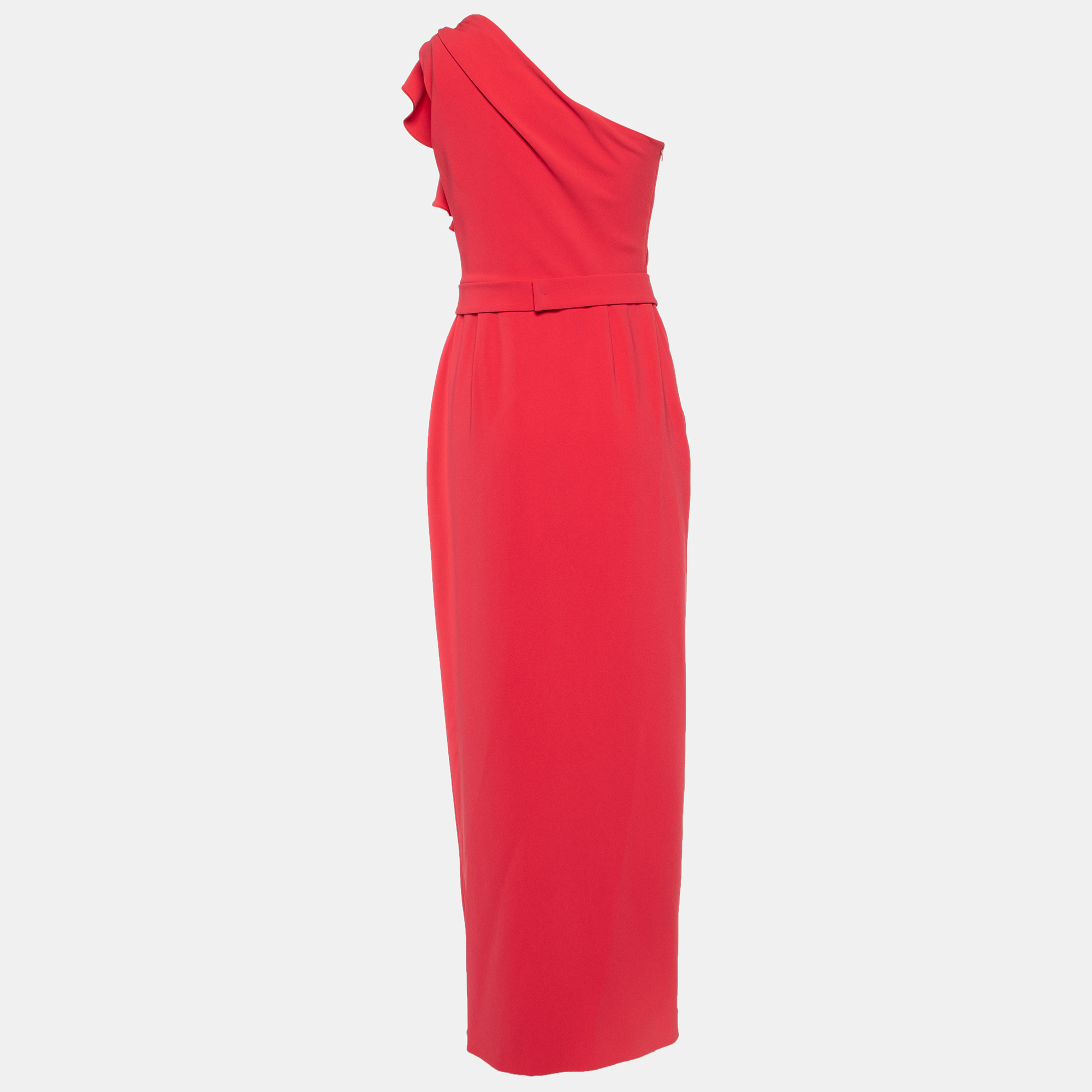 

Max Mara Coral Pink Crepe Ruffled One Shoulder Dress