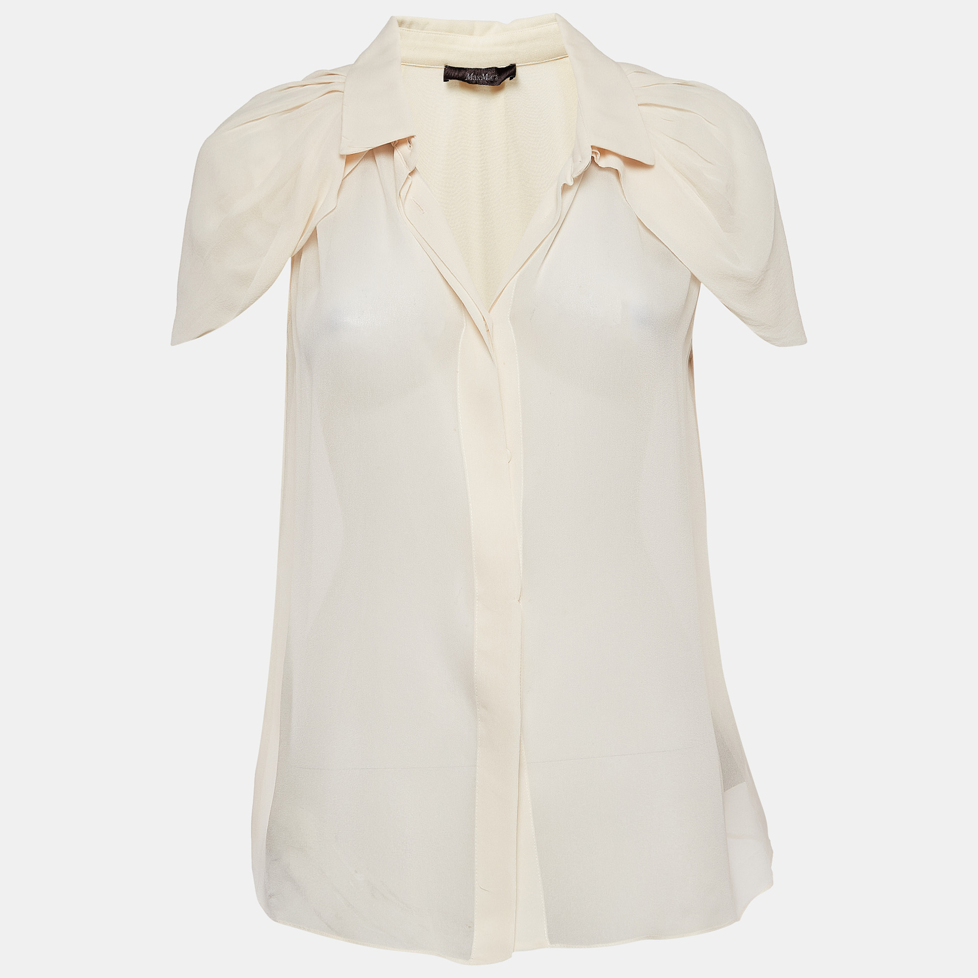 

Max Mara Cream Silk Crepe Cape Sleeve Semi Sheer Shirt M