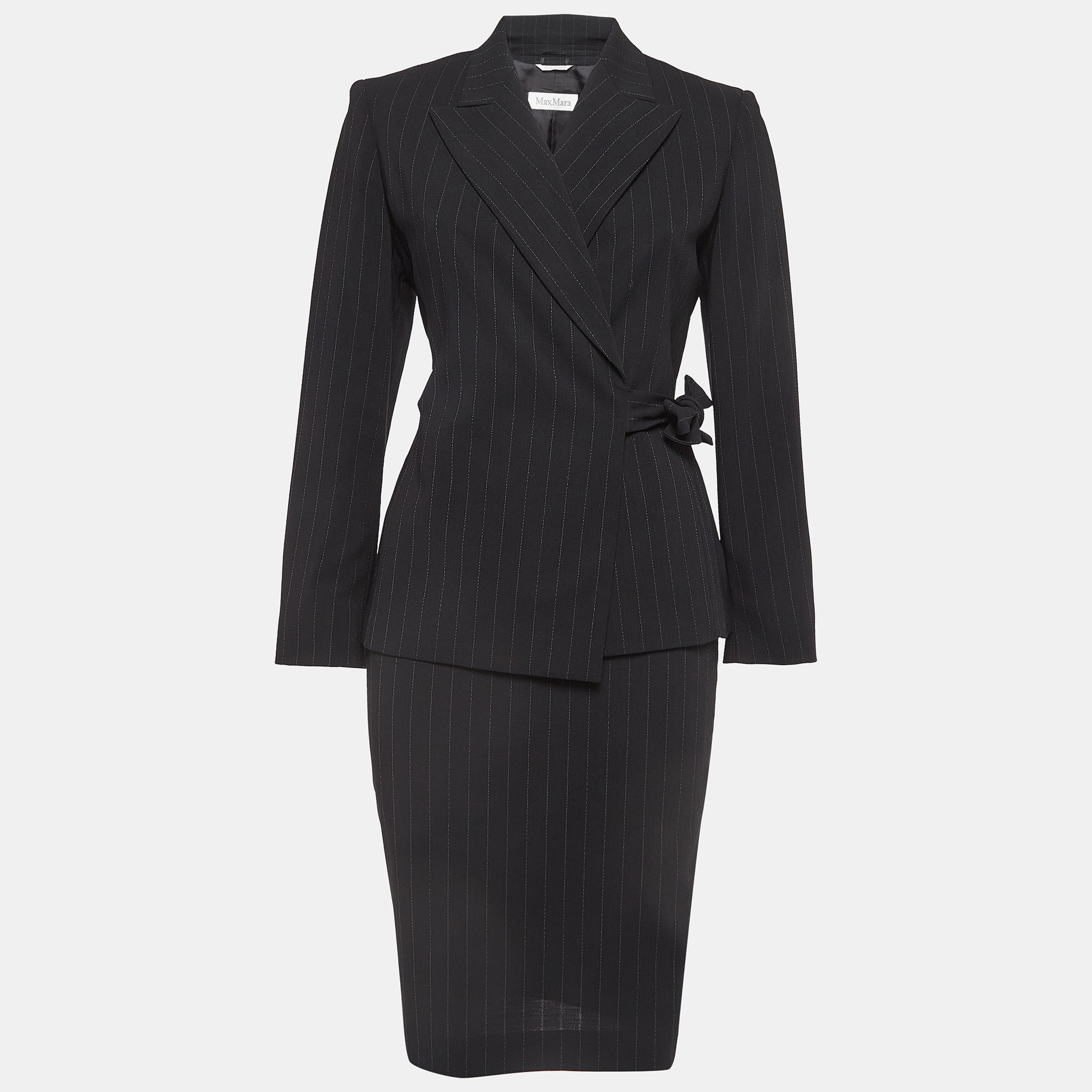 

Max Mara Black Pinstripe Wool Wrap Blazer and Skirt Suit