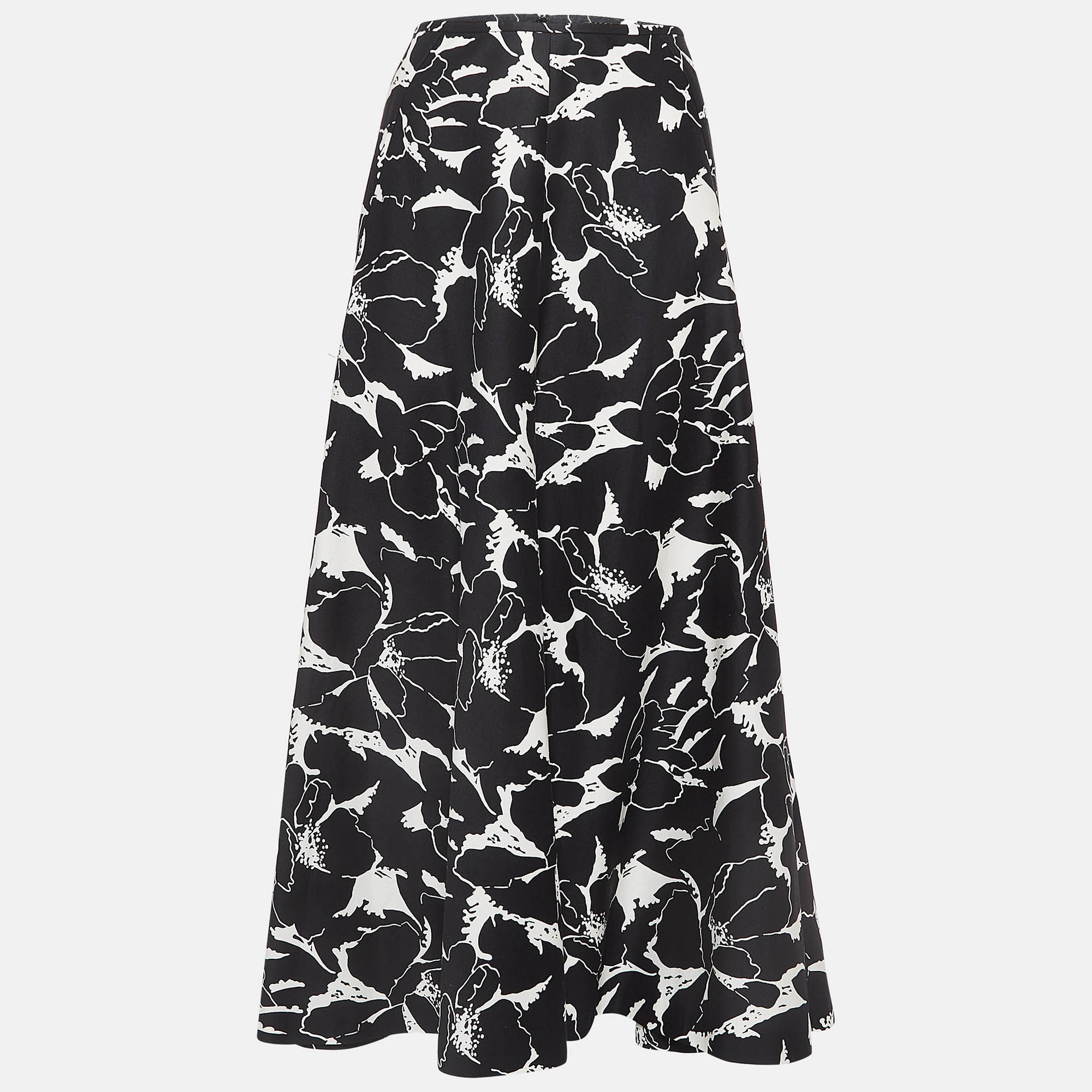 Max Mara Black/White Floral Print Cotton Flared Maxi Skirt XS