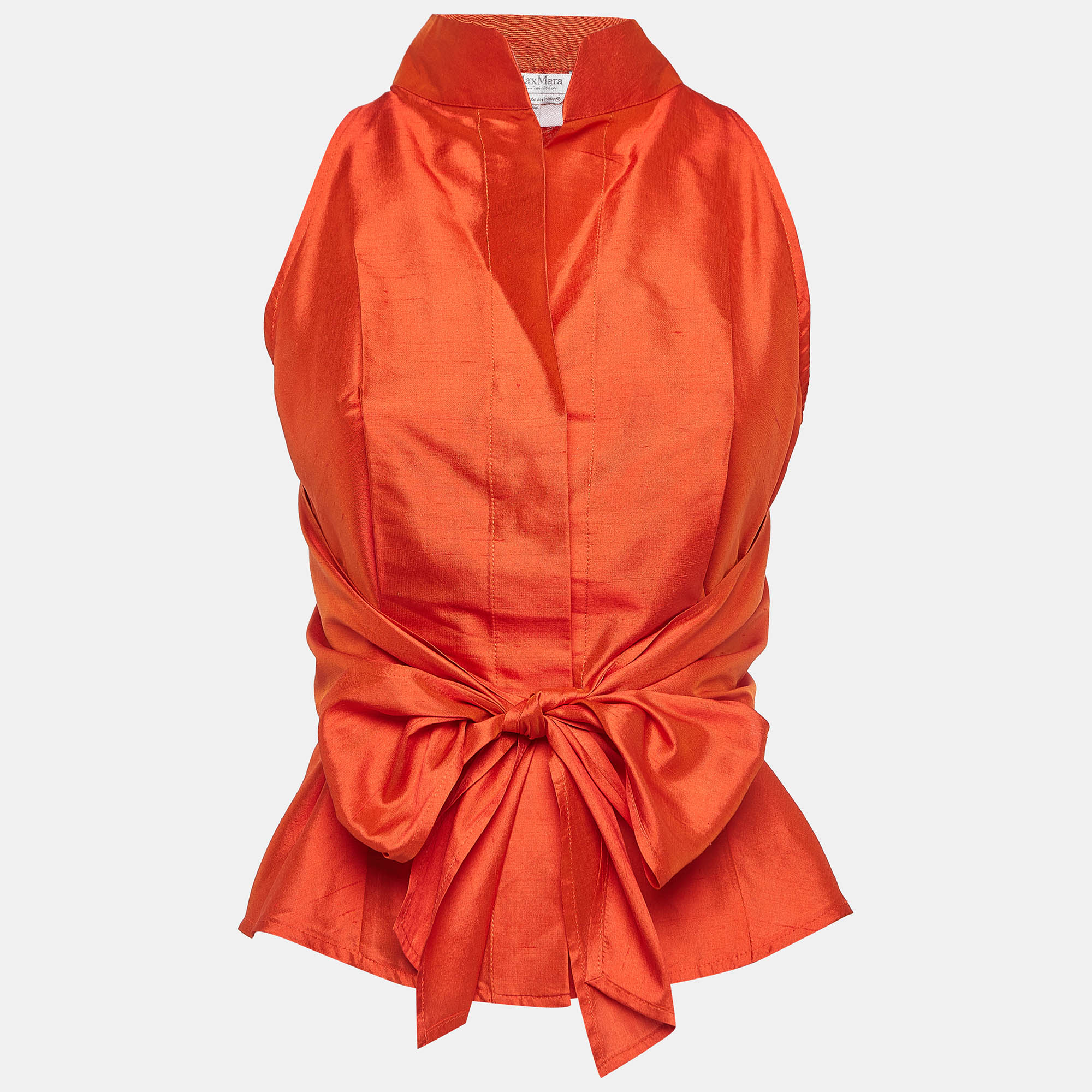 

Max Mara Orange Taffeta Silk Sleeveless Draped Shirt M