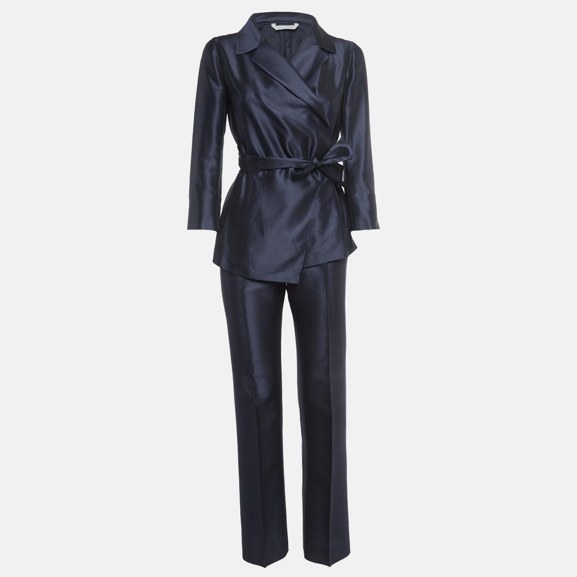 Pre Owned Max Mara Navy Blue Cotton Blend Wrap Shirt and Trousers Set S