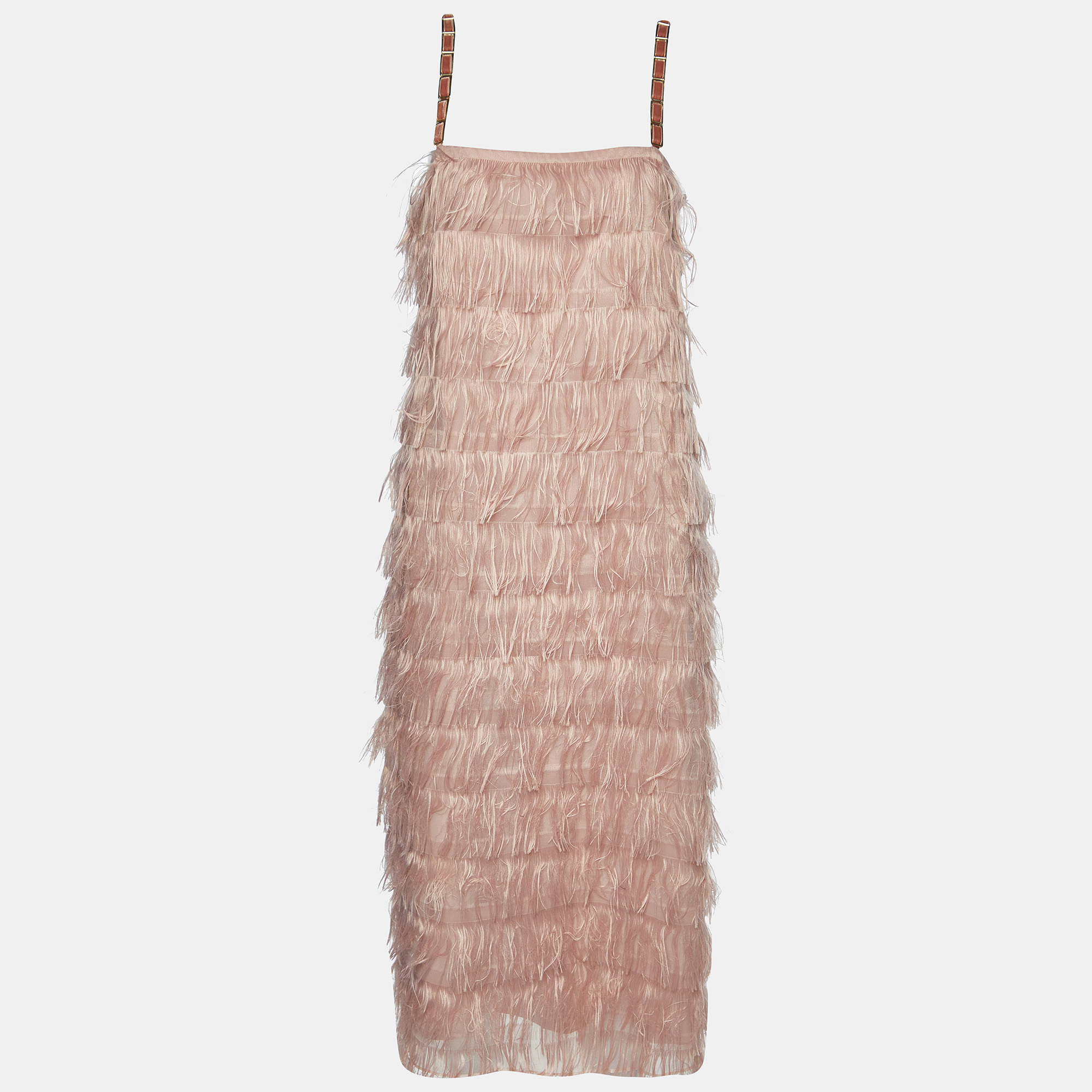 

Max Mara Pink Synthetic Feather Tiered Midi Dress M