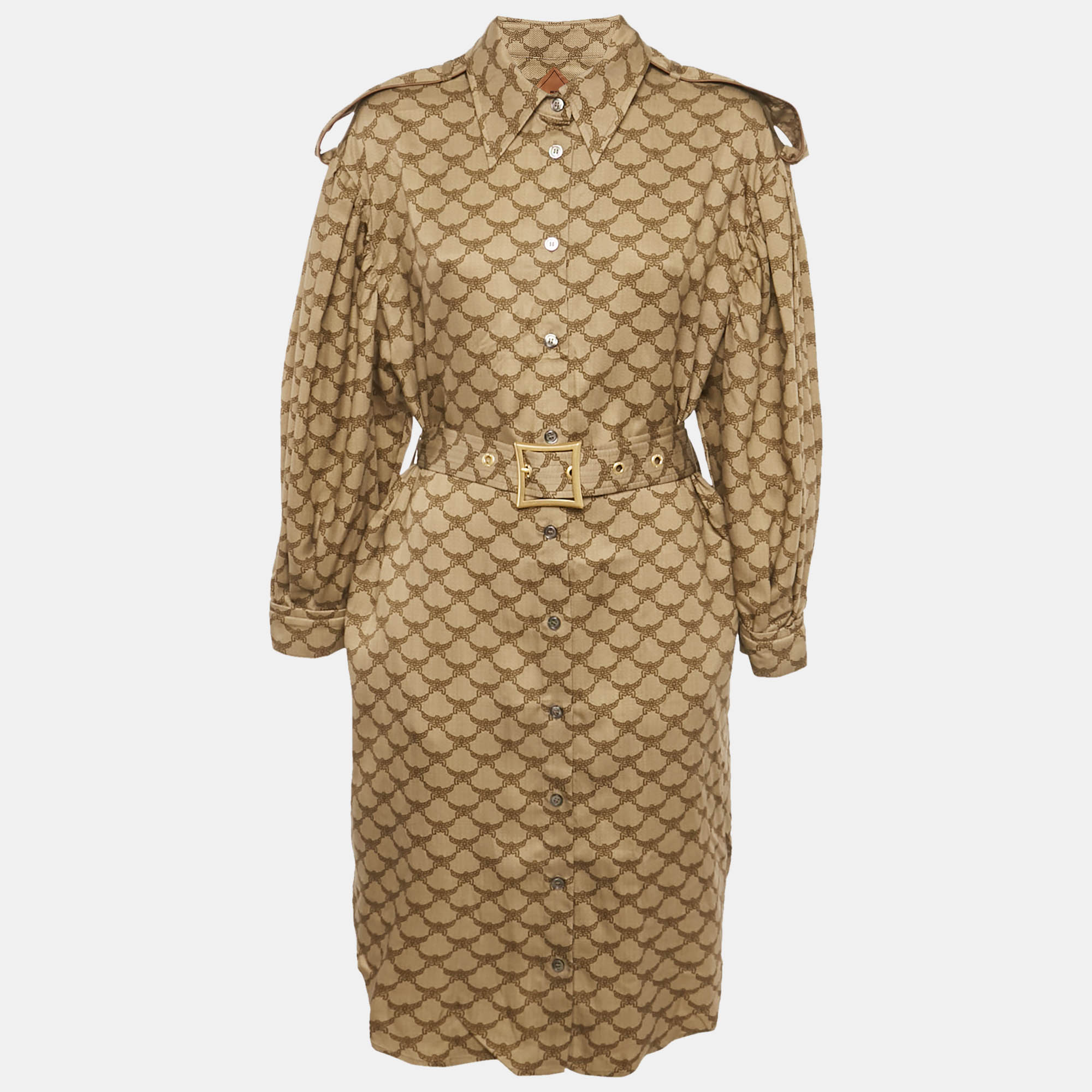 Pre-owned Mcm Brown Monogram Lyocell Belted Midi Dress M