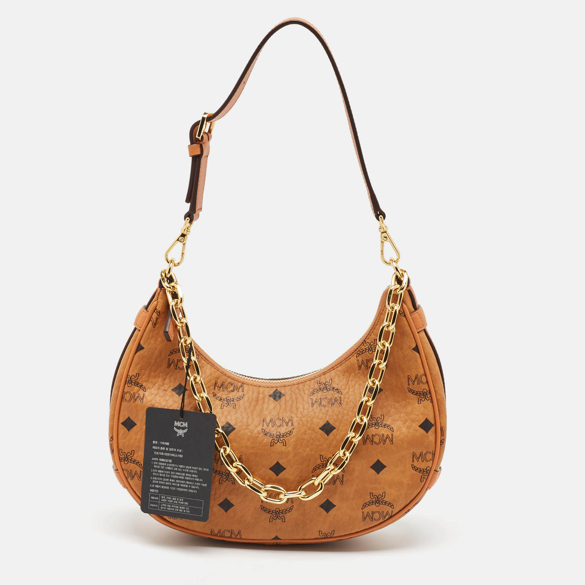 

MCM Cognac Visetos Coated Canvas and Leather Small Aren Crescent Hobo, Brown