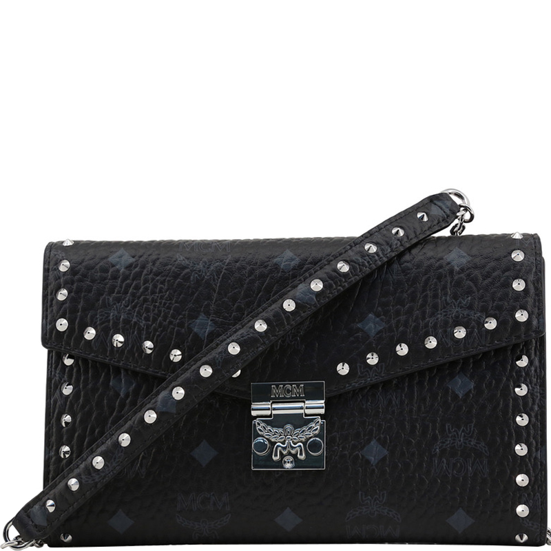 MCM Black Visetos Coated Canvas Studded Large Patricia Continental