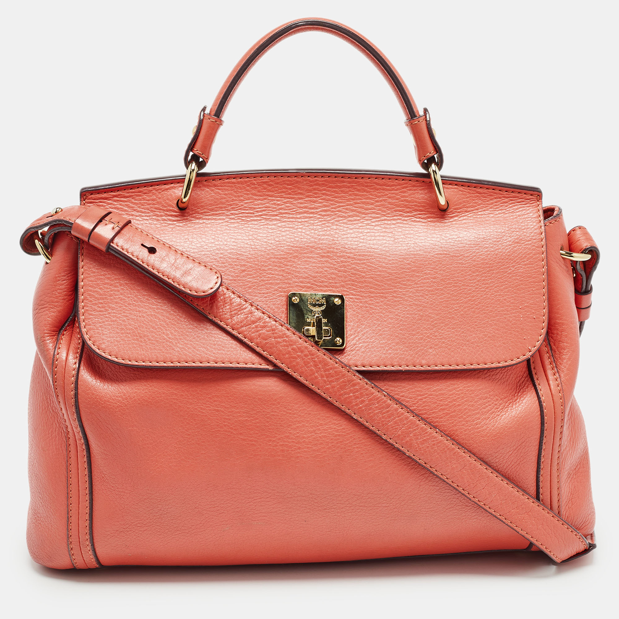 

MCM Orange Leather Turn Lock Flap Top Handle Bag