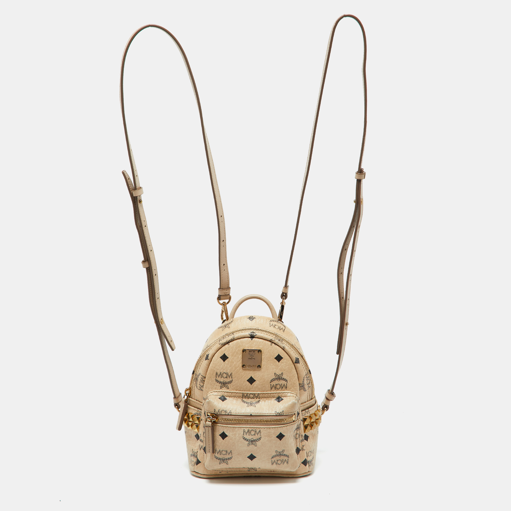 

MCM Beige Visetos Coated Canvas and Leather Mini Studded Stark-Bebe Boo Backpack