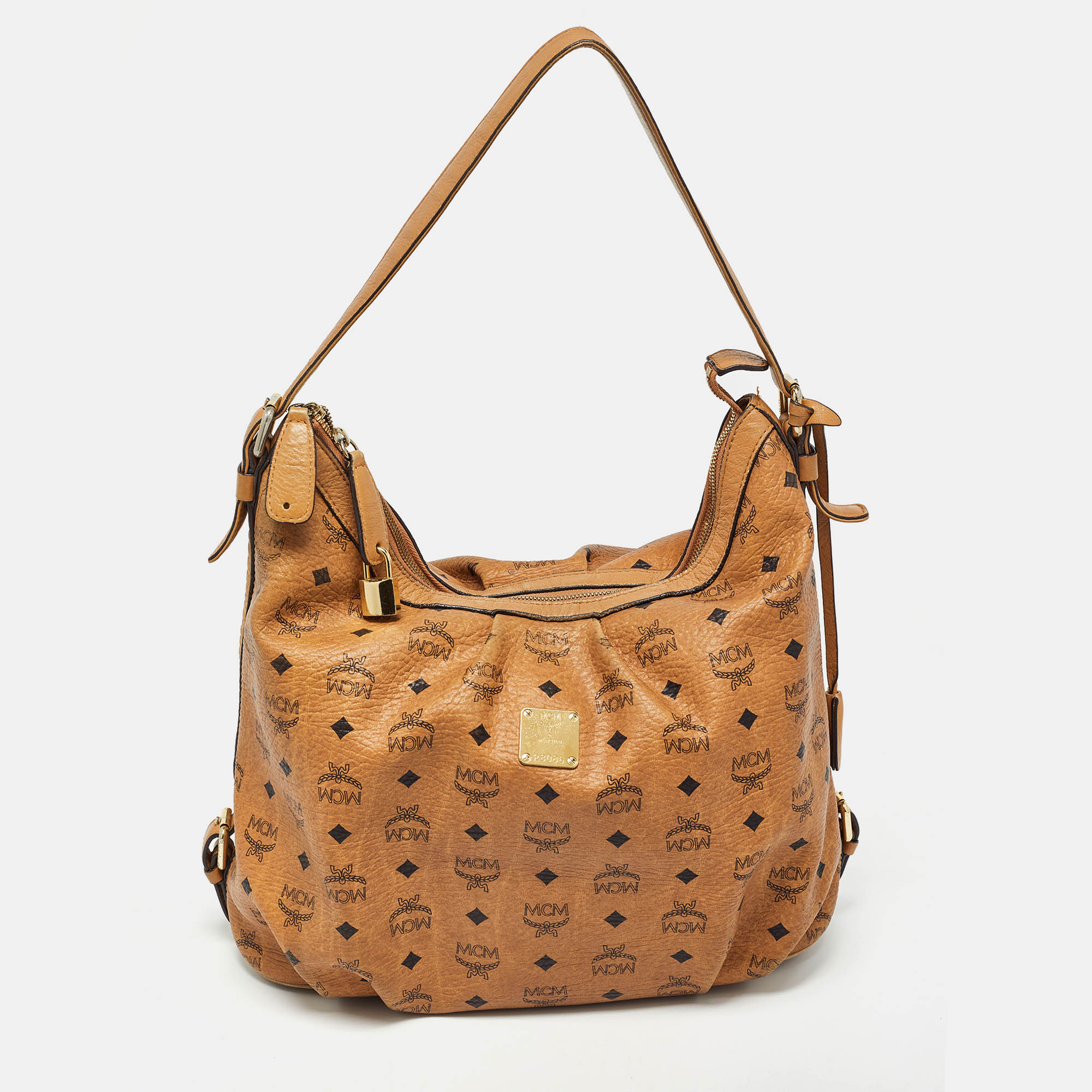 

MCM Cognac Visetos Coated Canvas and Leather Large Hobo, Brown