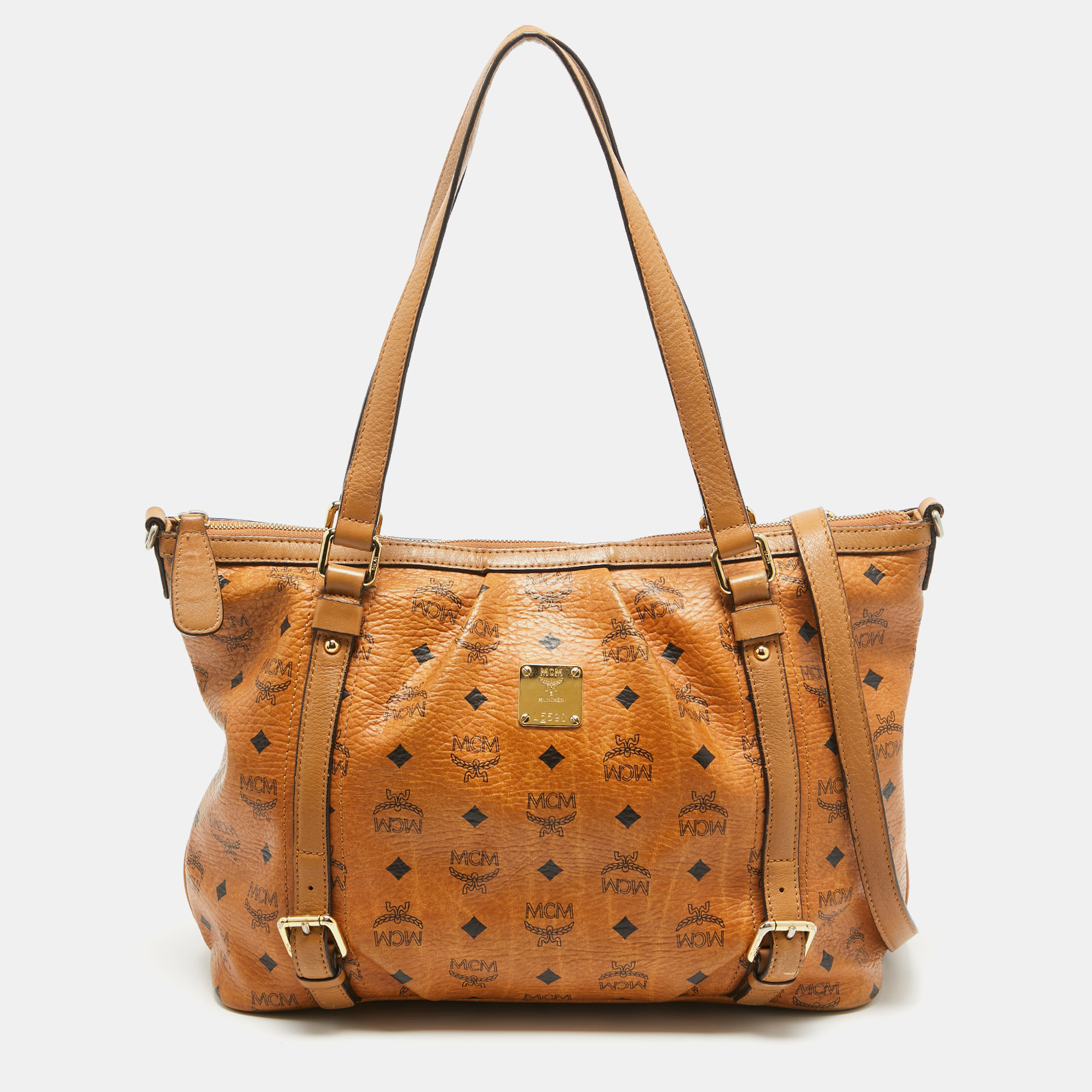 

MCM Brown Visetos Coated Canvas and Leather Zip Tote, Tan