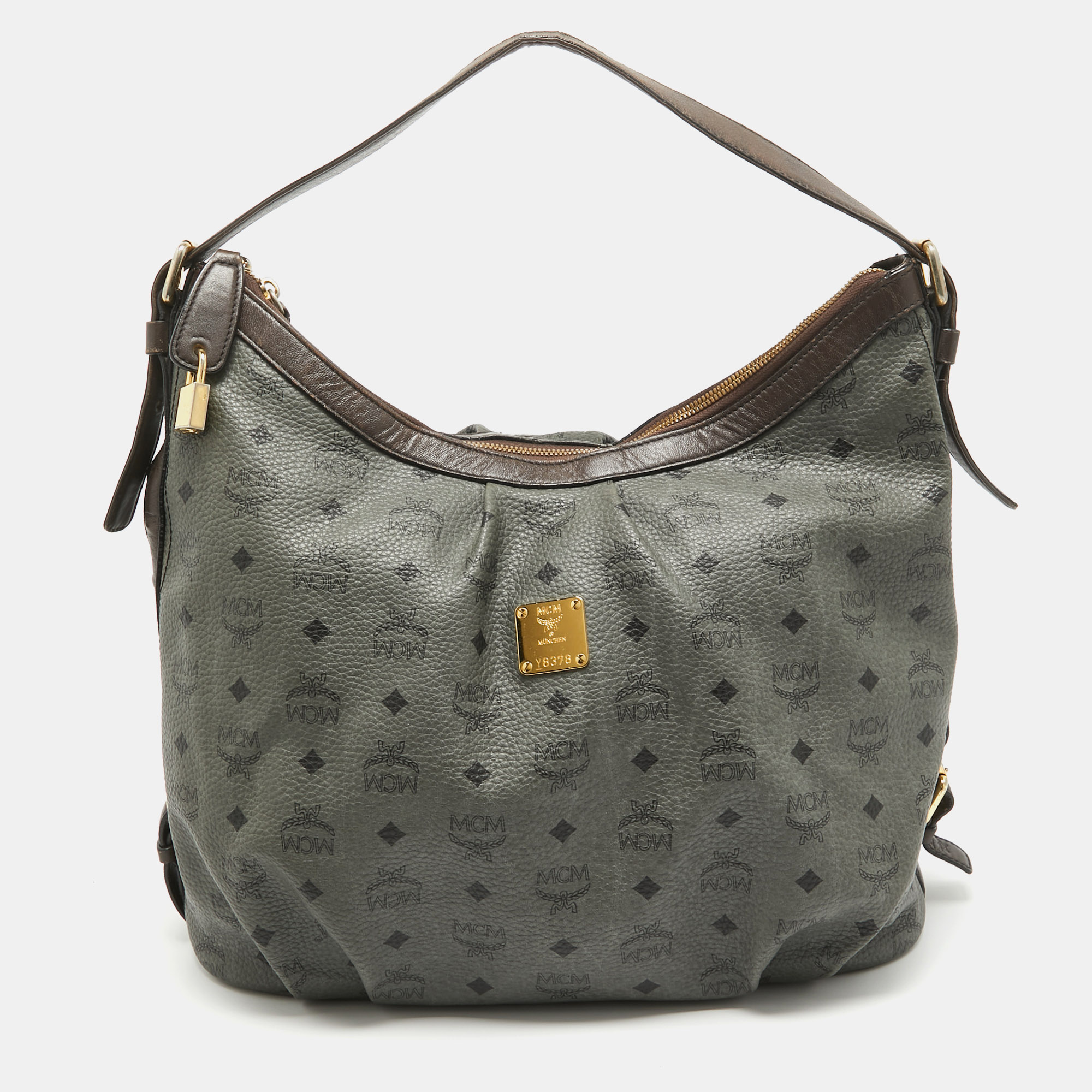 

MCM Grey/Brown Visetos Coated Canvas and Leather Pleated Hobo