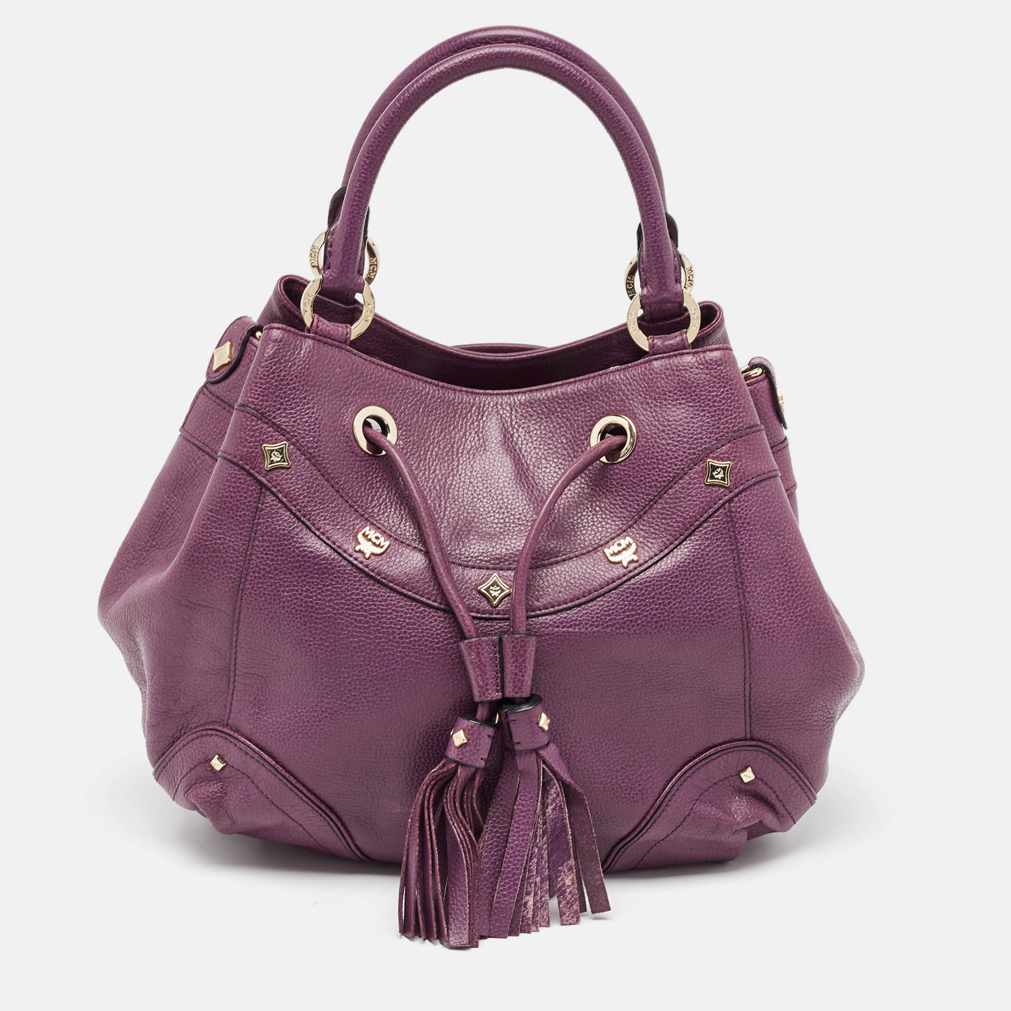 

MCM Purple Leather Studded Drawstring Shoulder Bag