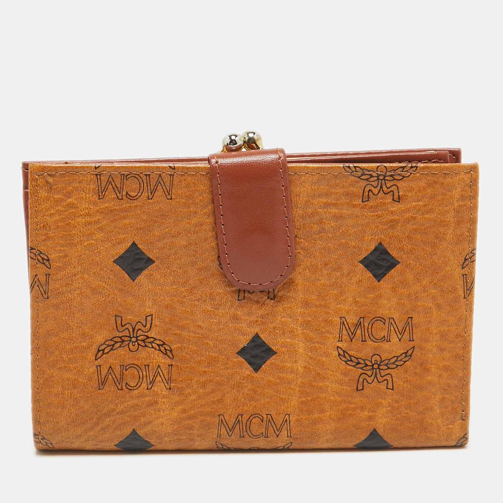 

MCM Cognac Visetos Coated Canvas Kisslock Frame French Wallet, Brown