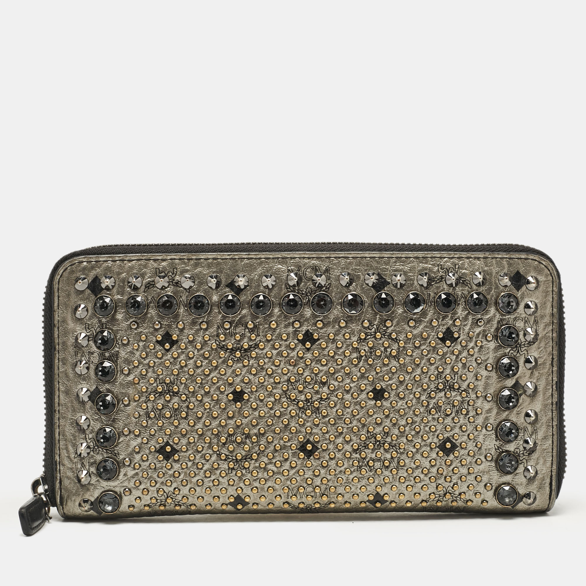 

MCM Metallic Grey Leather Crystals Embellished Zip Continental Wallet