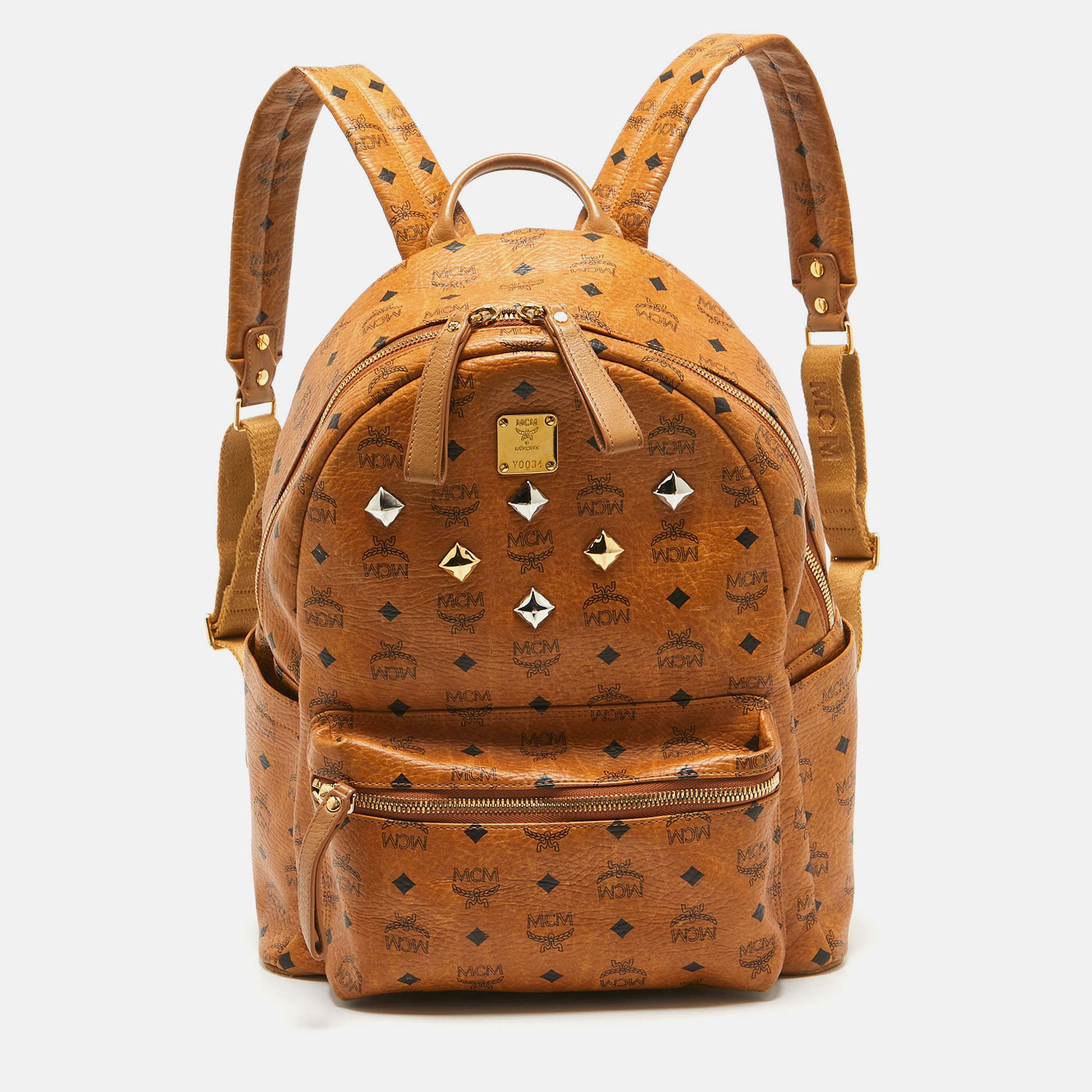 

MCM Cognac Visetos Coated Canvas  Studded Stark Backpack, Brown