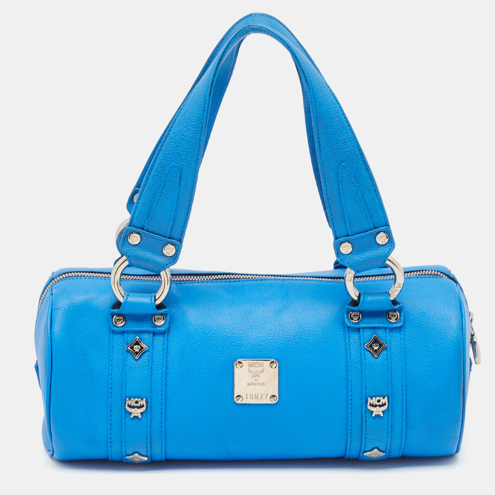 

MCM Blue Leather Studded Heritage Barrel Bag