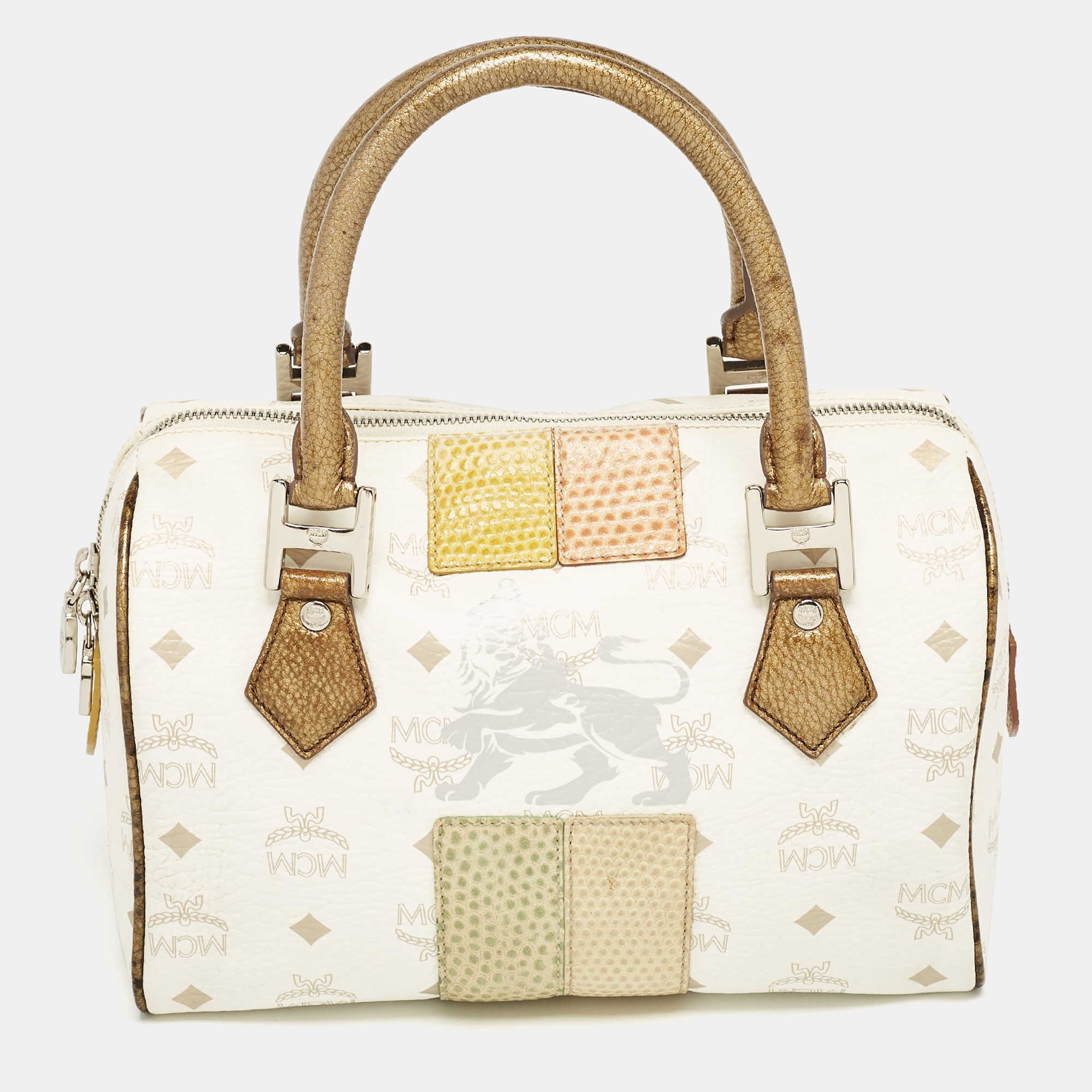 

MCM White/Gold Visetos Coated Canvas and Lizard Embossed Leather Princess Lion Boston Bag