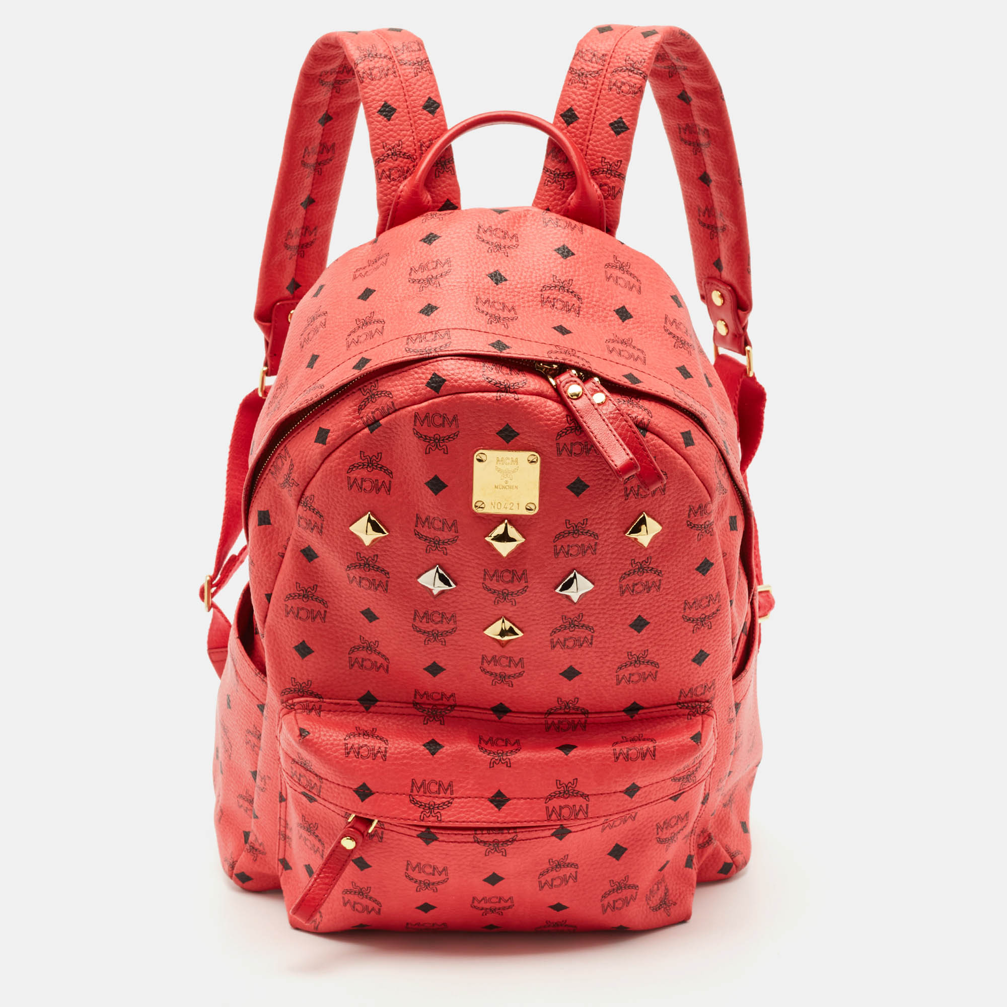 

MCM Red Visetos Coated Canvas Large Studded Stark Backpack