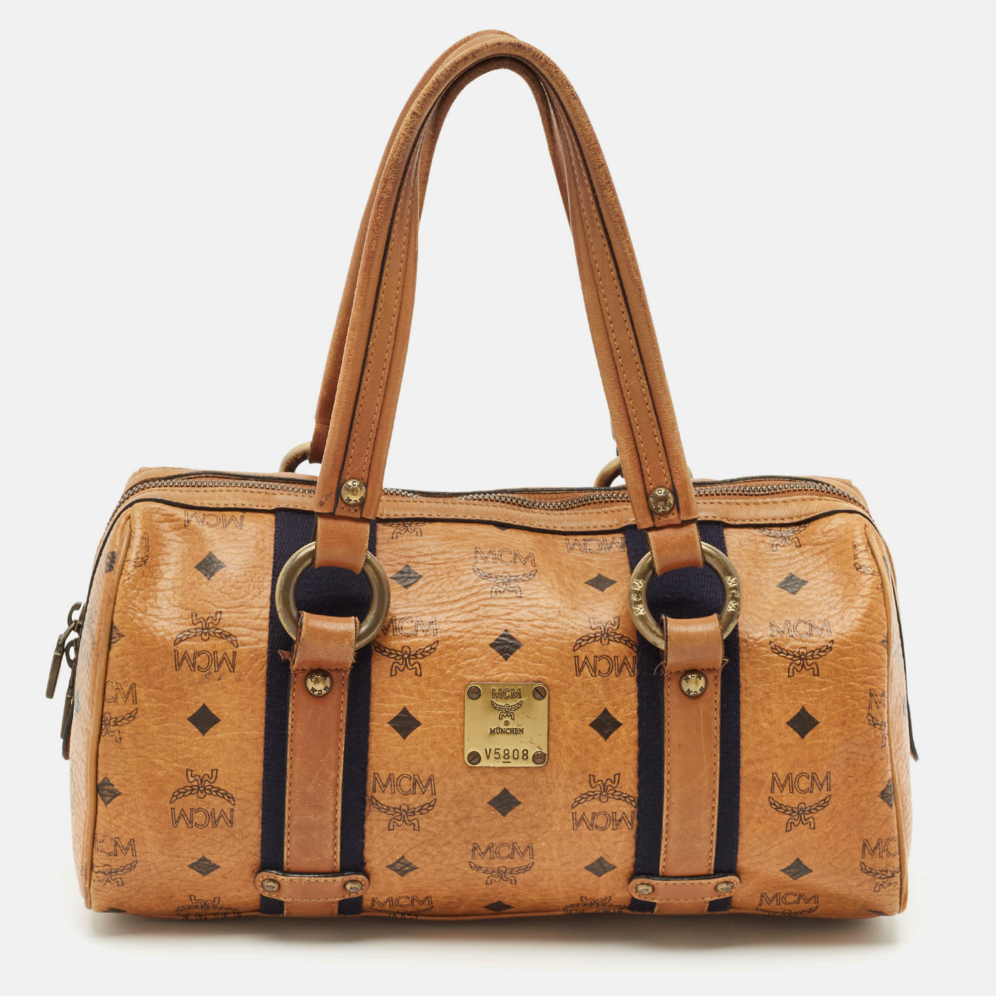 

MCM Cognac Visetos Coated Canvas and Leather Boston Satchel, Brown