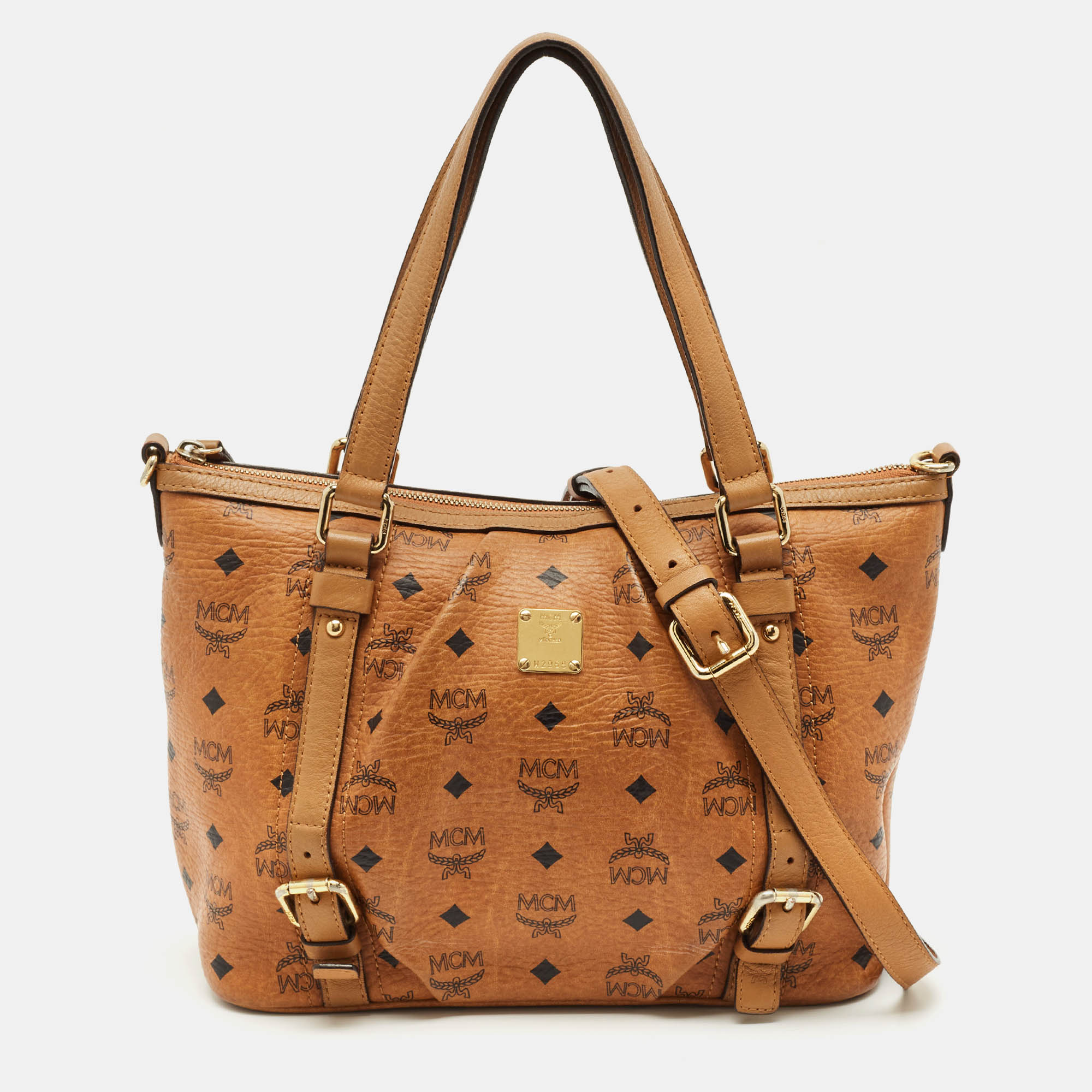 

MCM Cognac Visetos Coated Canvas and Leather Top Zip Tote, Brown