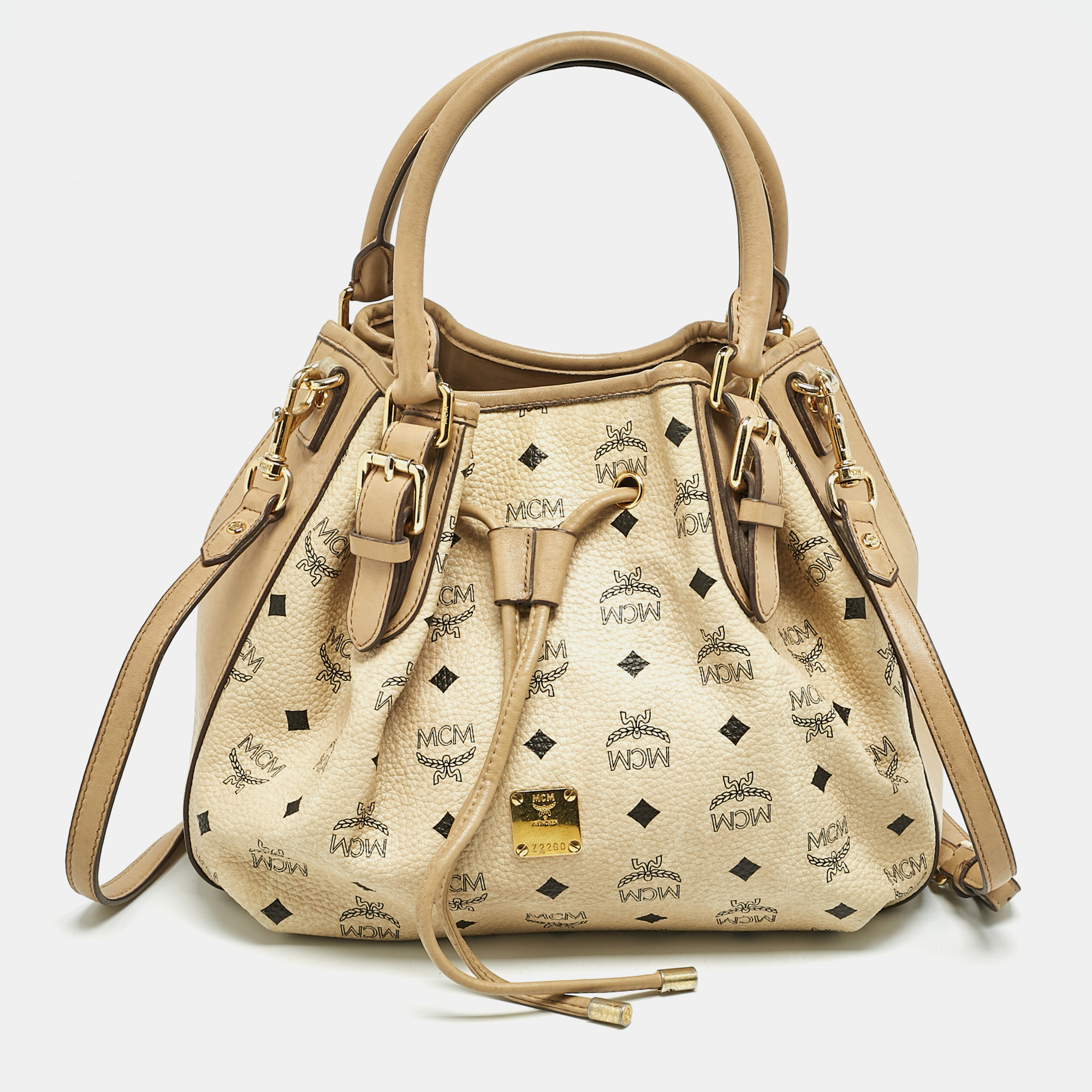

MCM Beige Visetos Coated Canvas Drawstring Tote