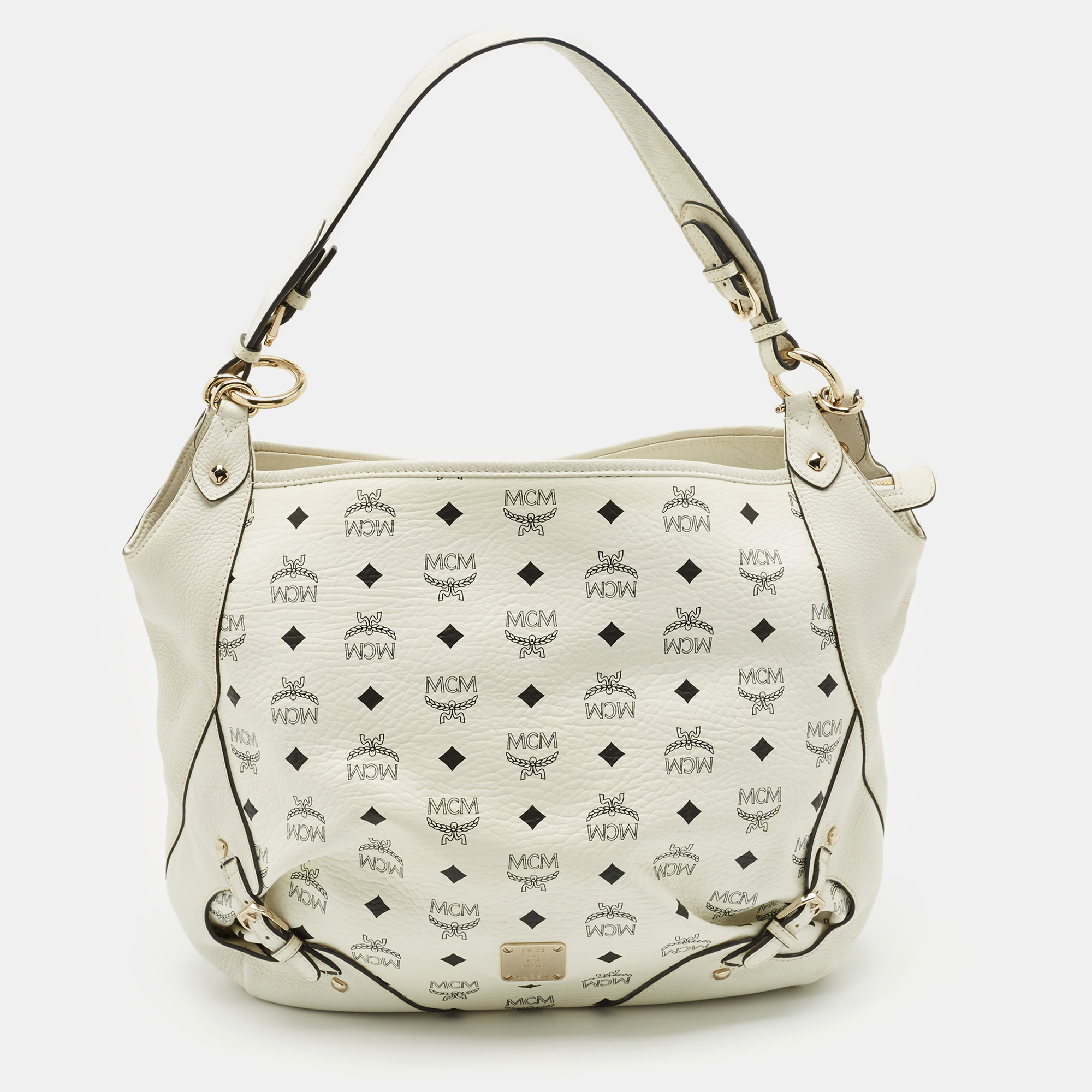 

MCM White Visetos Coated Canvas and Leather Buckle Hobo